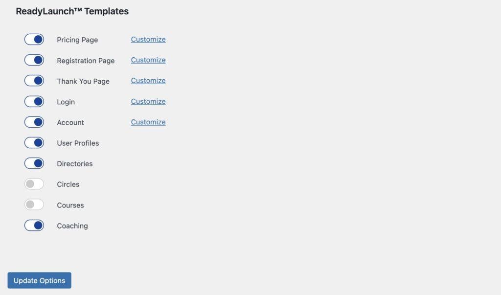 Captura de tela mostrando as opções de estilo de página do ReadyLaunch para perfis e diretórios