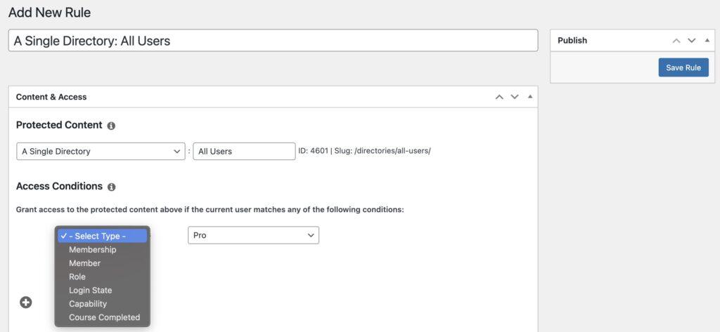 Captura de tela mostrando como adicionar uma nova regra para MemberPress Directories