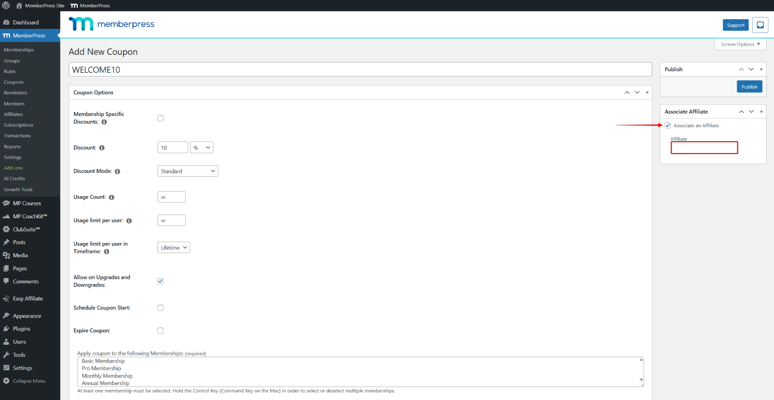 mepr-coupon-associate-affiliate-2 | MemberPress El panel Asociar afiliado con una casilla de verificación para activar la asociación de afiliados y un campo para introducir el nombre de usuario del afiliado.