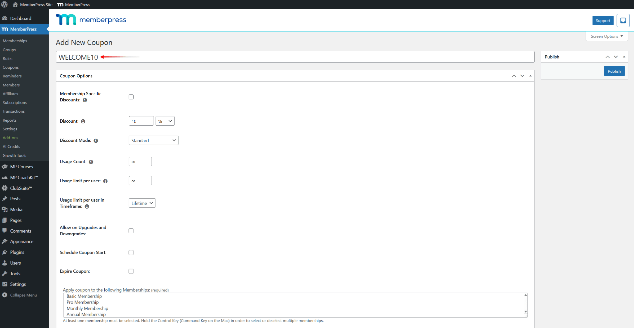 mepr-coupon-code-2 | MemberPress El campo Código de cupón muestra un código generado aleatoriamente que puede personalizarse.