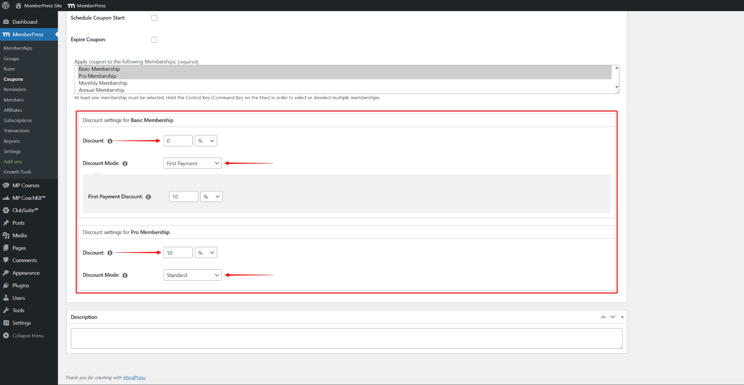 mepr-coupon-discount-per-membership | MemberPress Cuadros de configuración de descuentos para dos afiliaciones que muestran diferentes configuraciones: Afiliación Básica con modo Primer Pago y Descuento 10% Primer Pago, y Afiliación Pro con modo Estándar y descuento 10%.