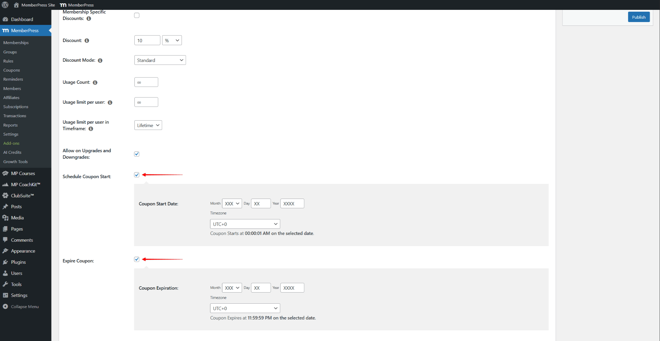 mepr-coupon-start-expire-2 | MemberPress Los campos de fecha de Inicio de cupón programado y Expiración de cupón con opciones de selección de zona horaria.