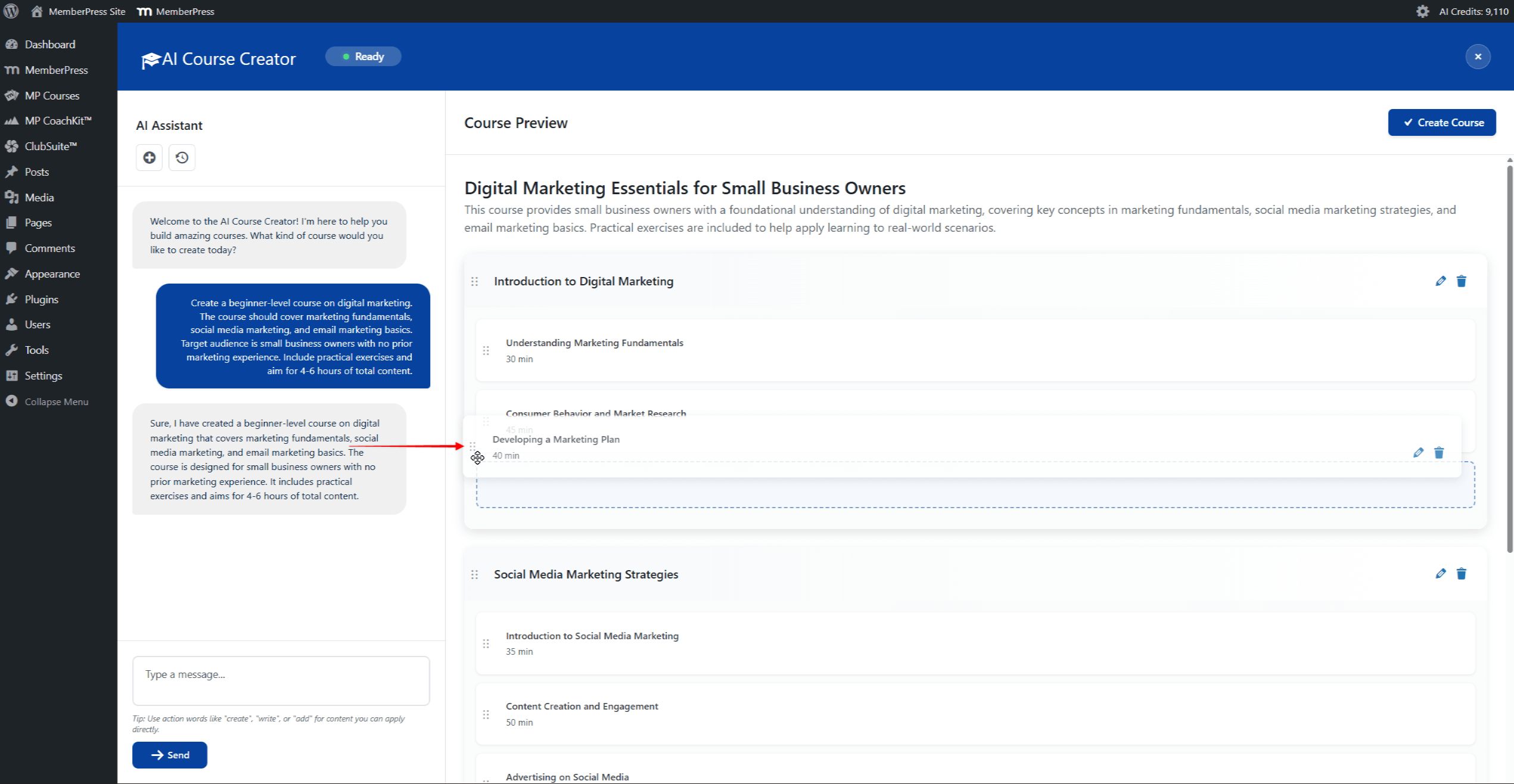 Screenshot demonstrating drag-and-drop reordering with a lesson being dragged to a new position.
