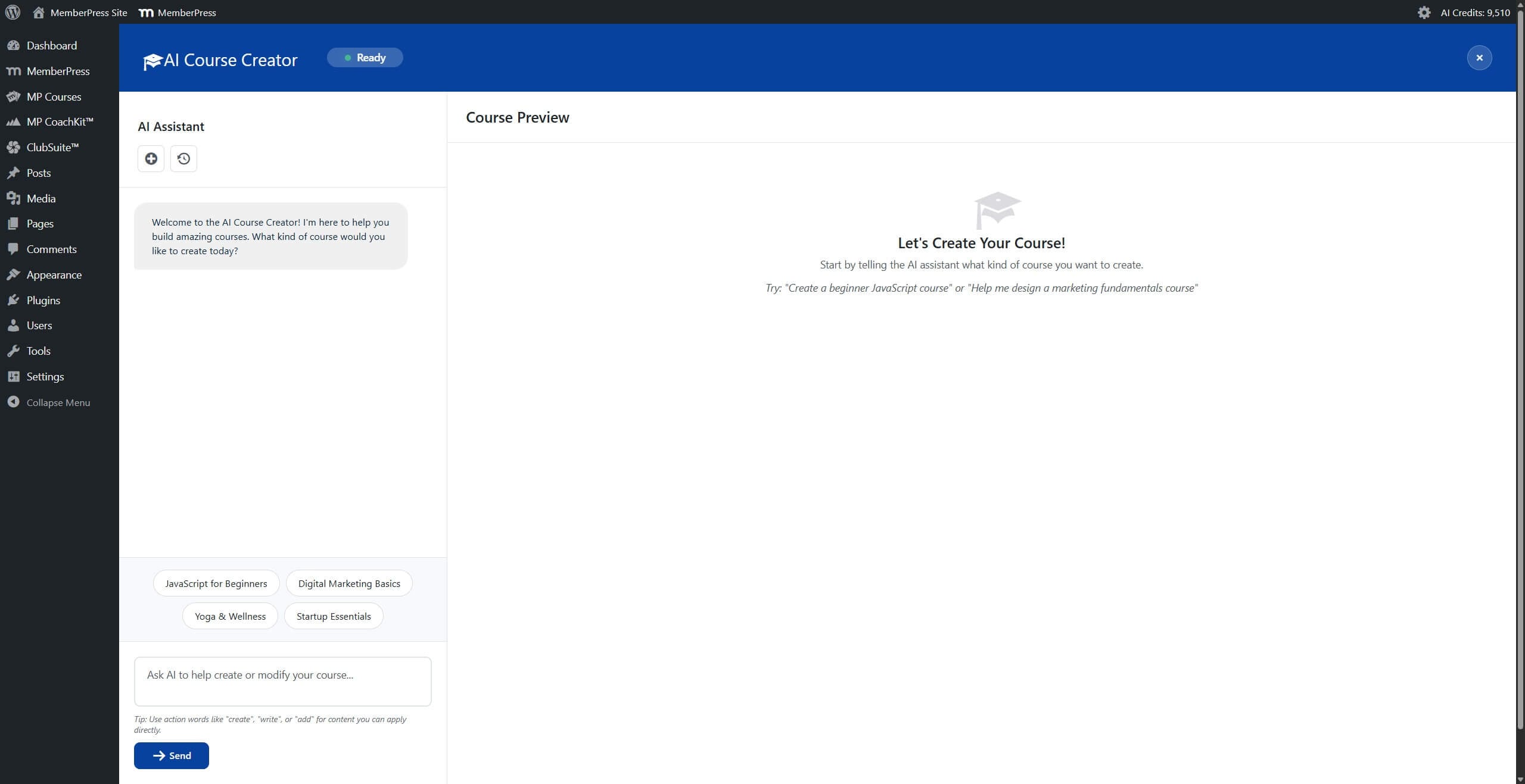 Full screenshot of the AI Course Creator interface showing the two-panel layout. Left panel displays the AI Assistant chat interface with welcome message. Right panel shows the empty Course Preview area.