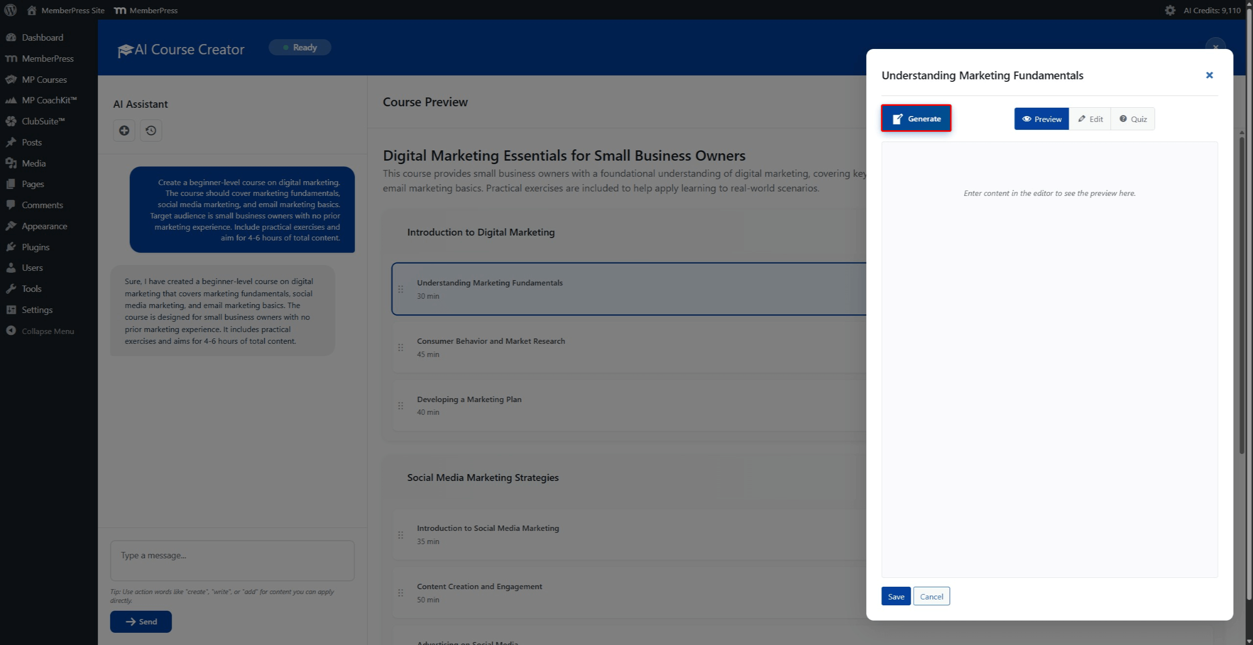 Screenshot of the lesson popup window showing the lesson title with Generate button and three tabs (Preview, Edit, Quiz).