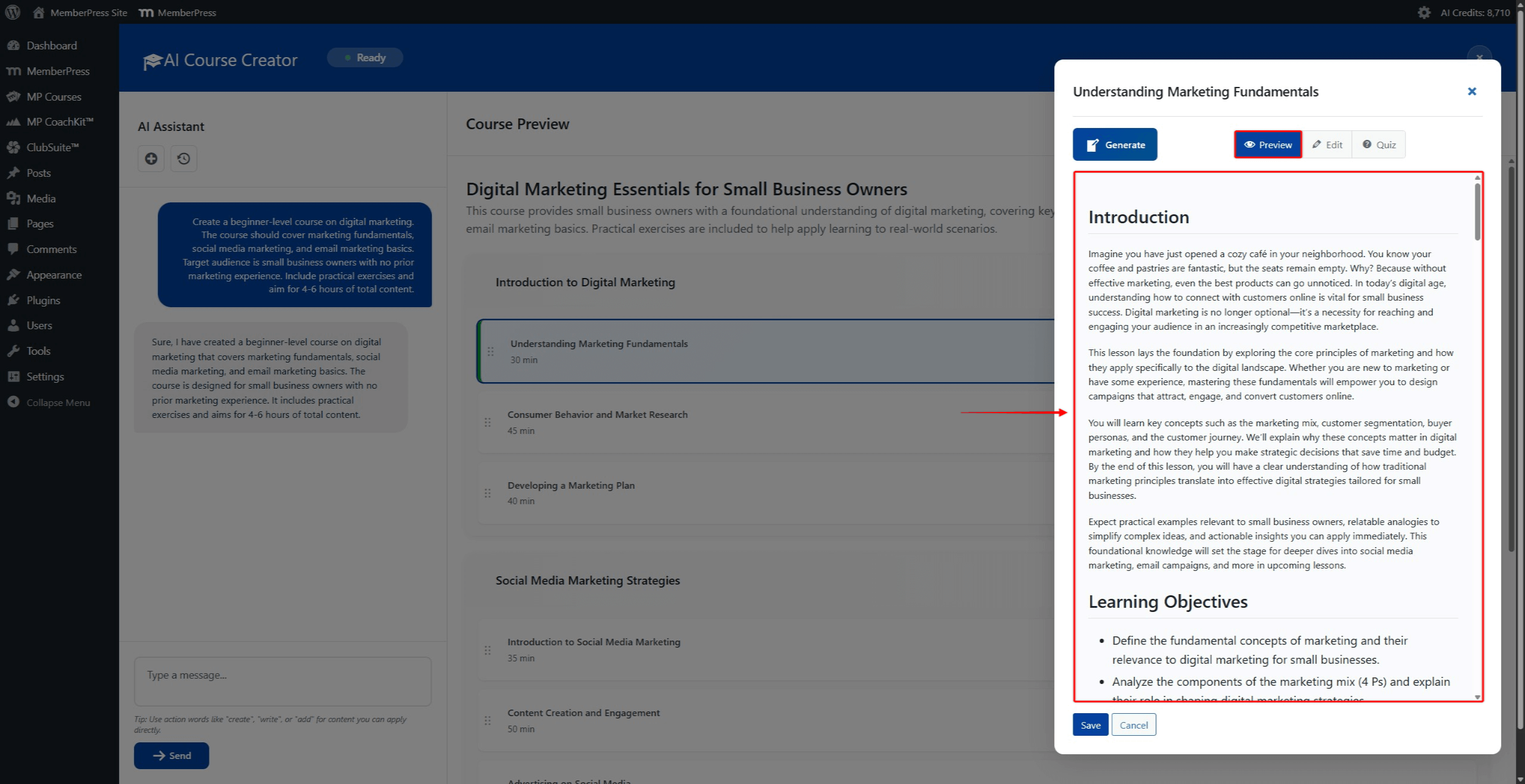Screenshot of the lesson popup with generated content visible in Preview mode showing an Introduction section and Learning Objectives.
