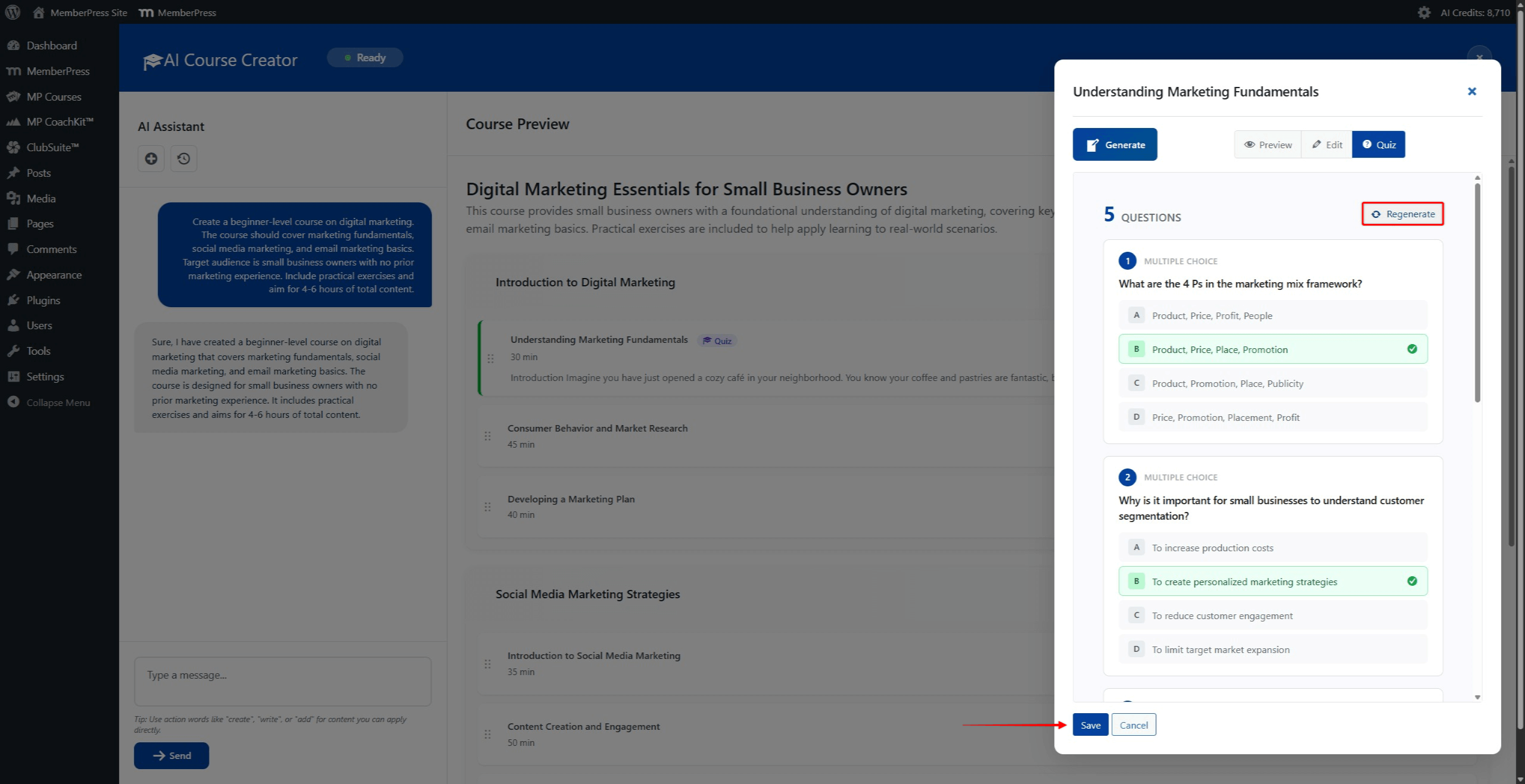 Screenshot of the lesson popup showing generated quiz questions with answer options and correct answers marked.