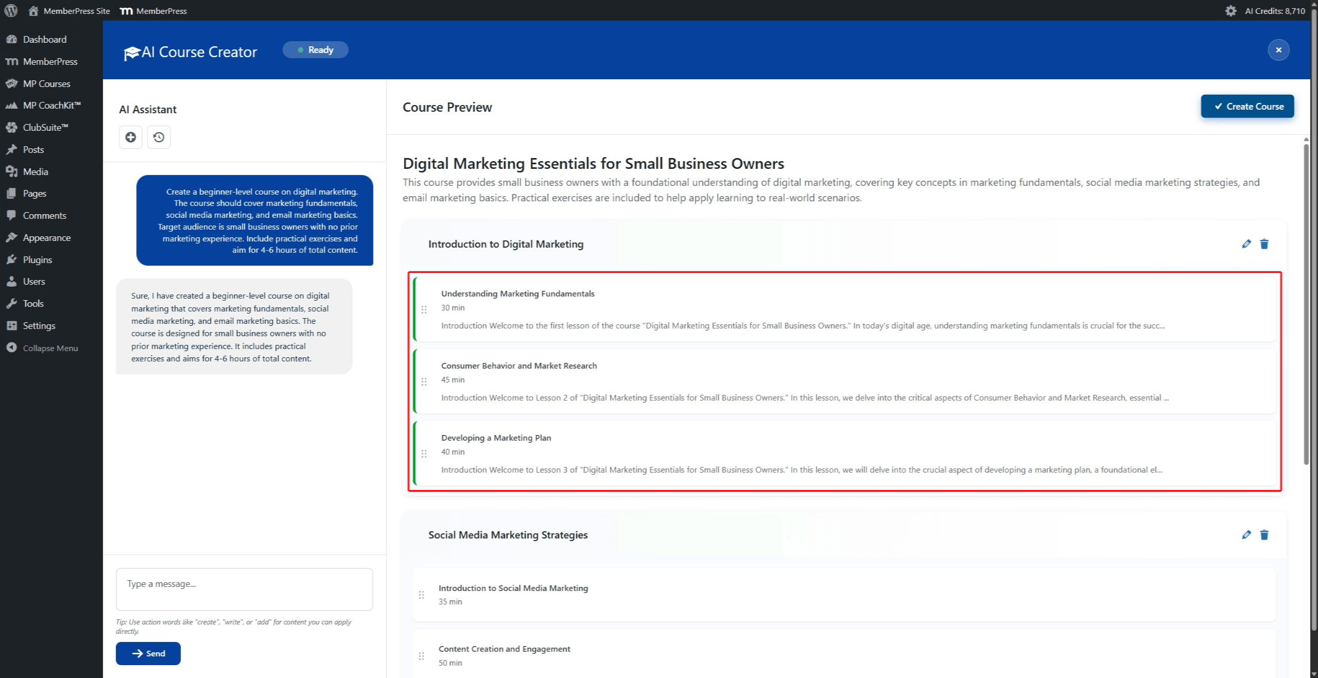 Screenshot of the Course Preview panel showing lessons with generated content and content summaries.