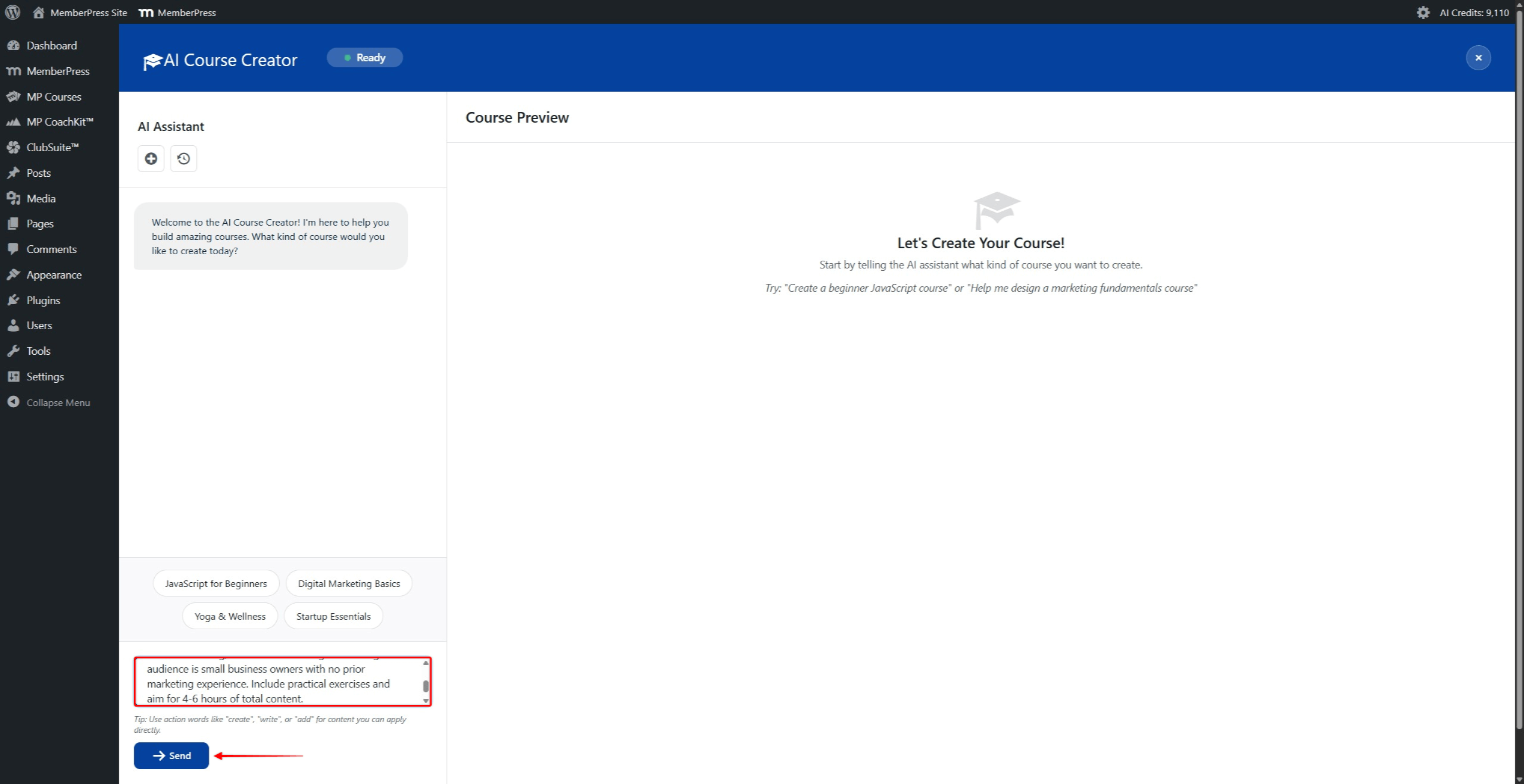 Screenshot of the AI Course Creator with a prompt typed in the chat field describing a digital marketing course.