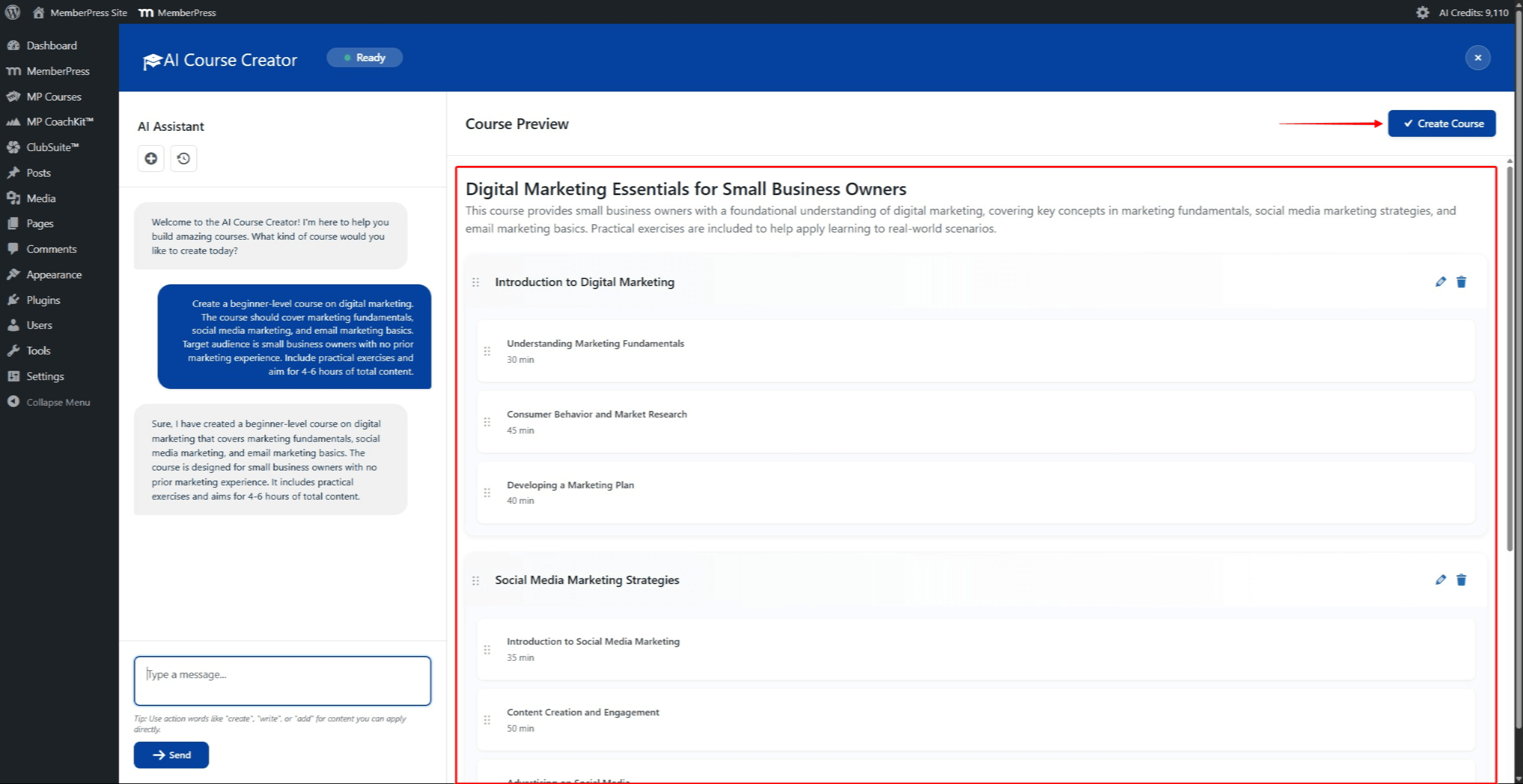 Screenshot showing the generated course structure in the Course Preview panel with course title, sections, and lessons with durations.