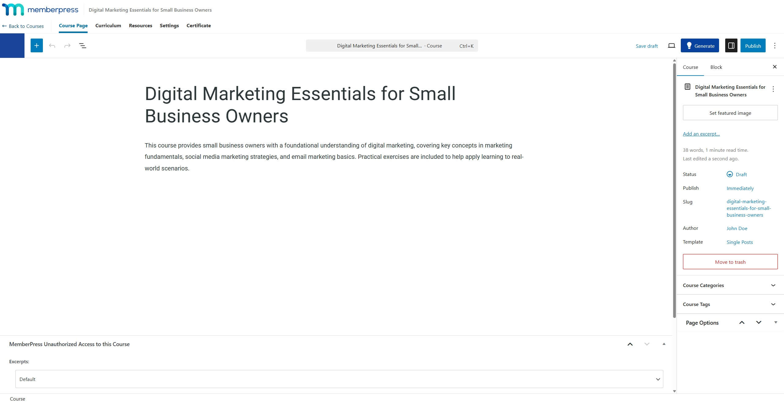 Screenshot of the Course Editor page showing the created course with the course description and publishing options.