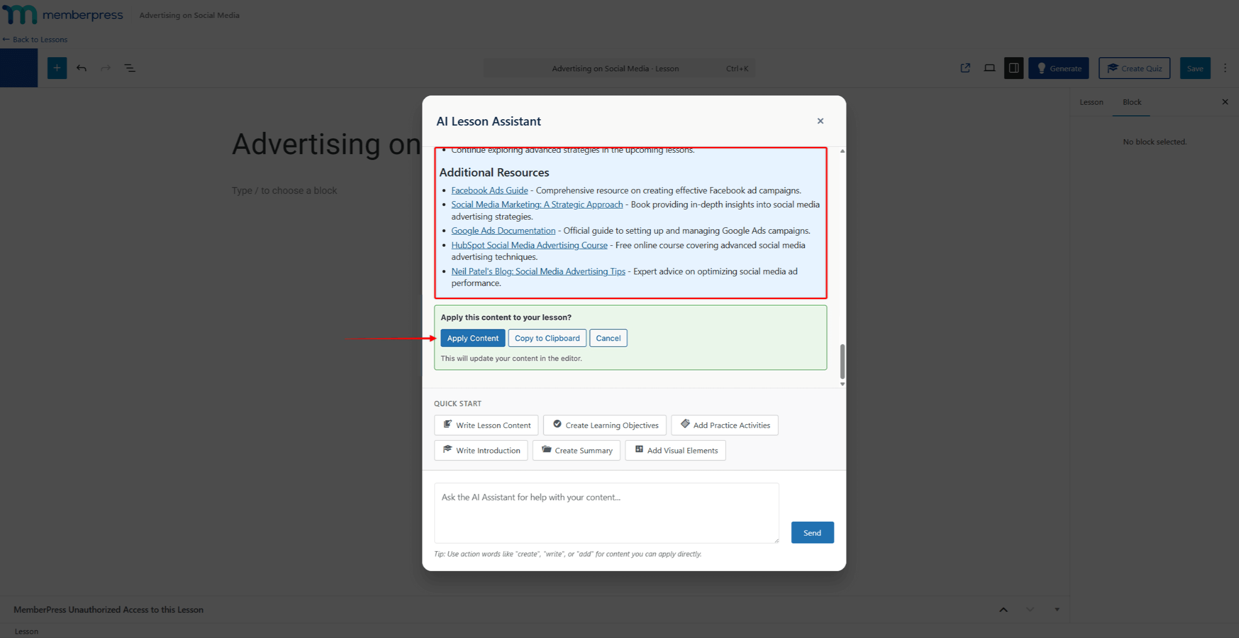 Screenshot showing the AI Lesson Assistant with generated lesson content displayed and the Apply Content button.