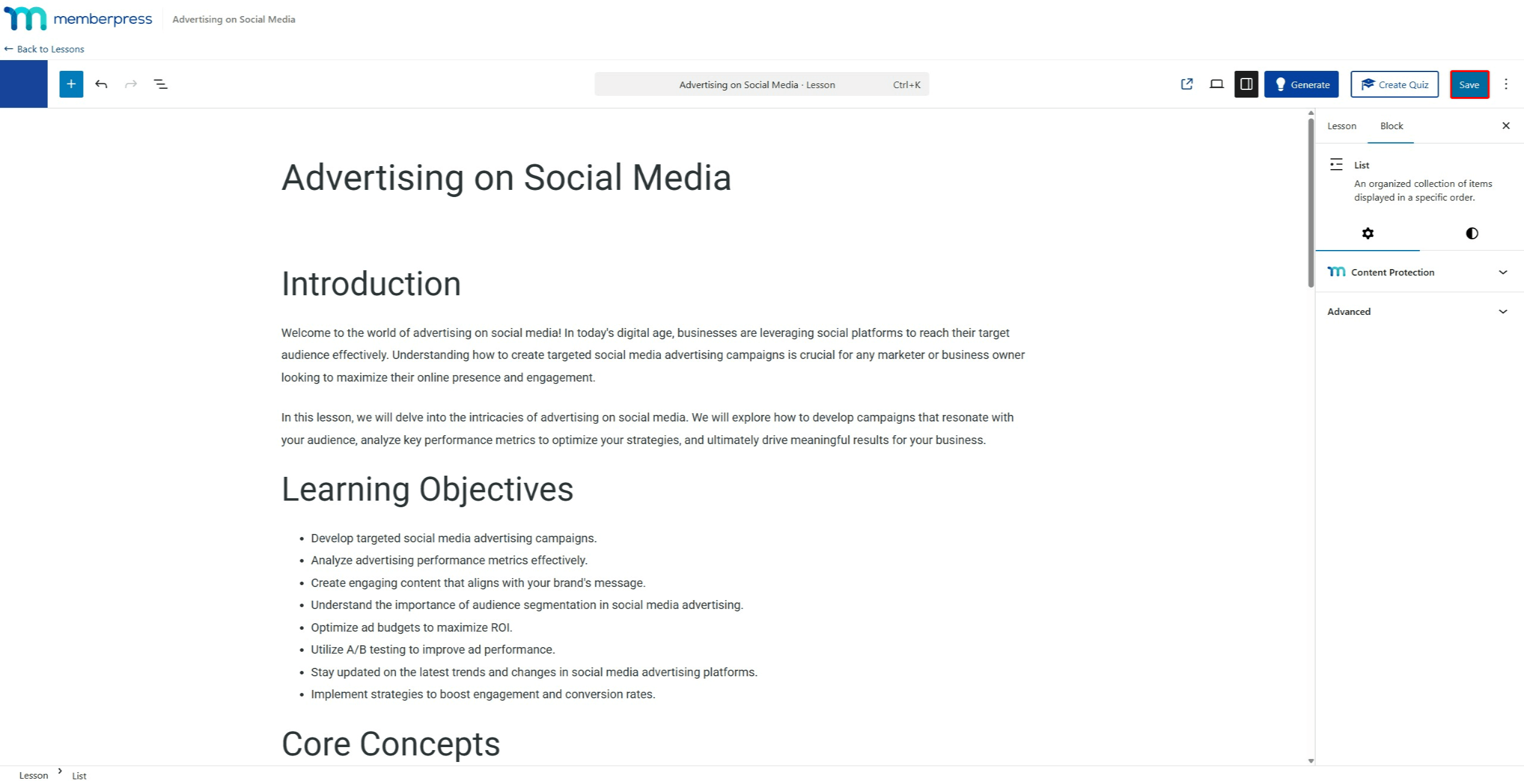 Screenshot of the Lesson Editor showing the generated content applied to the lesson with headings, paragraphs, and formatted text.