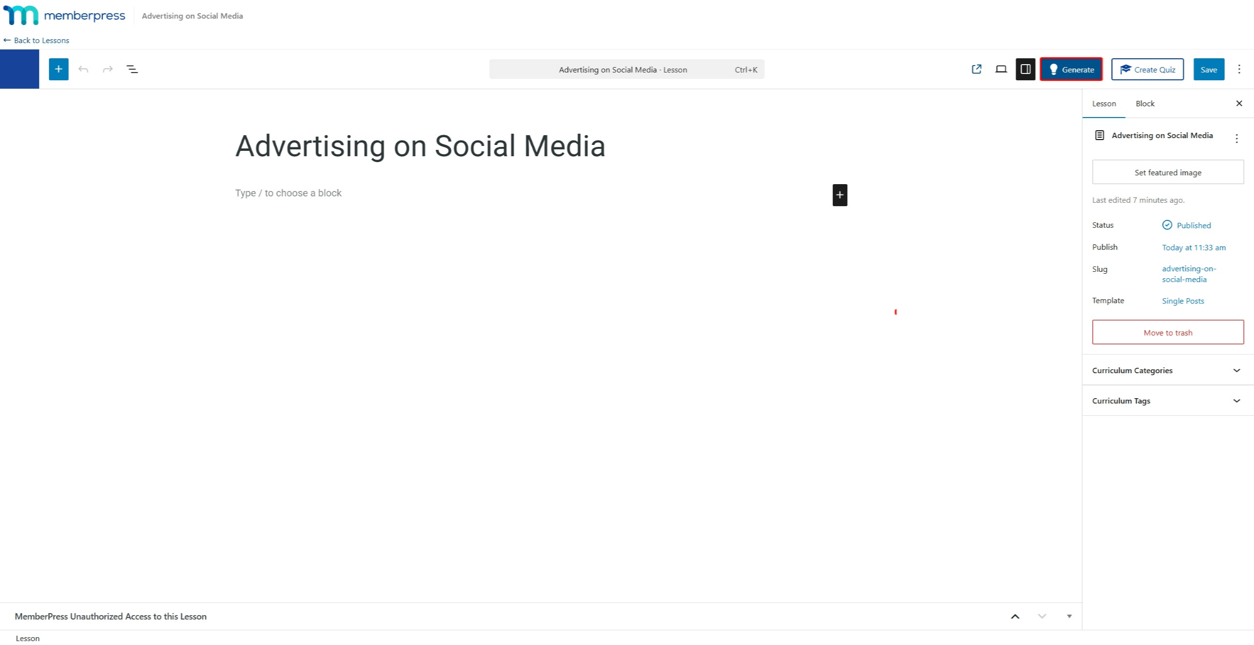 Screenshot of the Lesson Editor with the Generate button highlighted in the top-right corner.