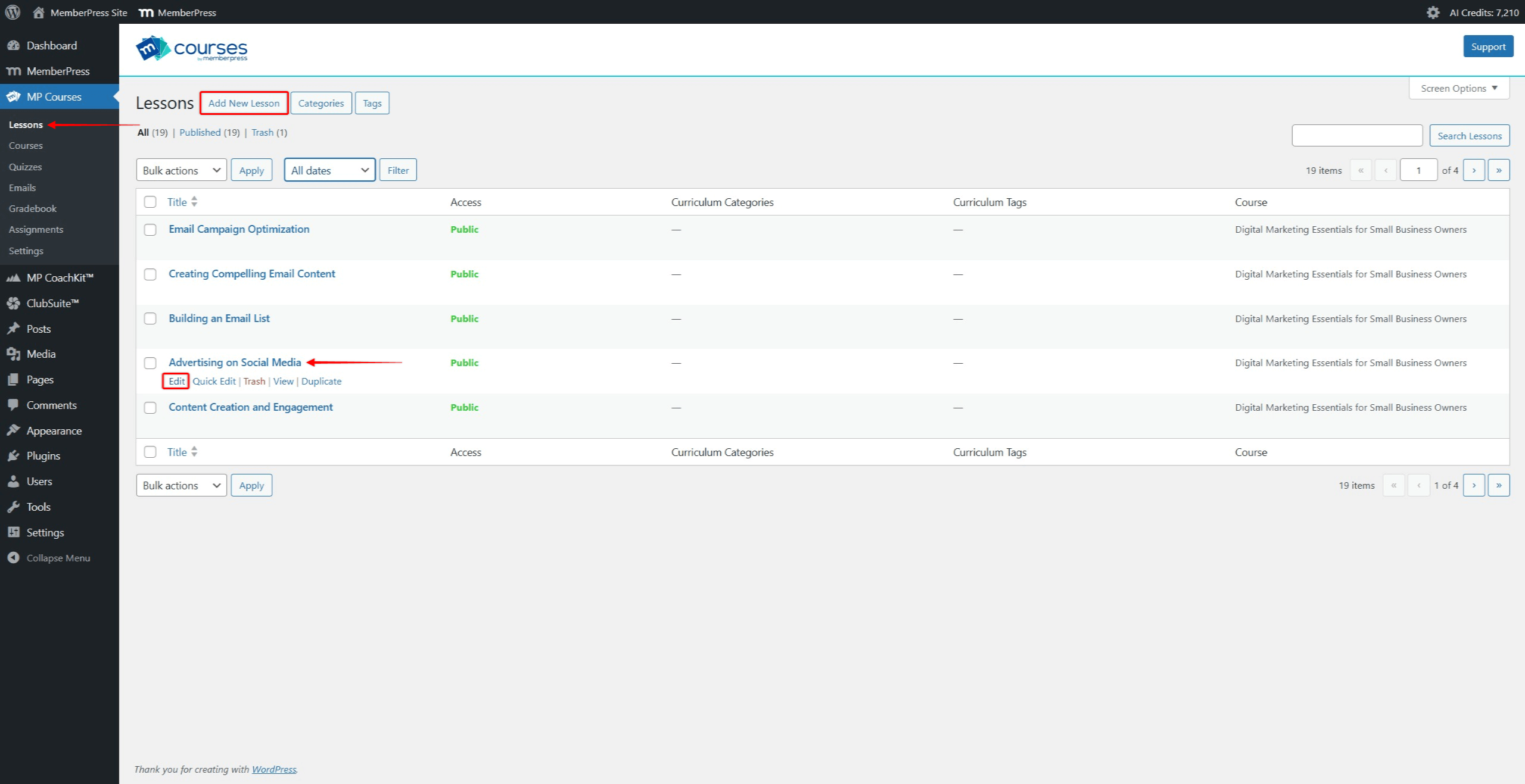 Screenshot of the Lessons page showing the MP Courses menu expanded with the Lessons menu item and the Add New Lesson button.