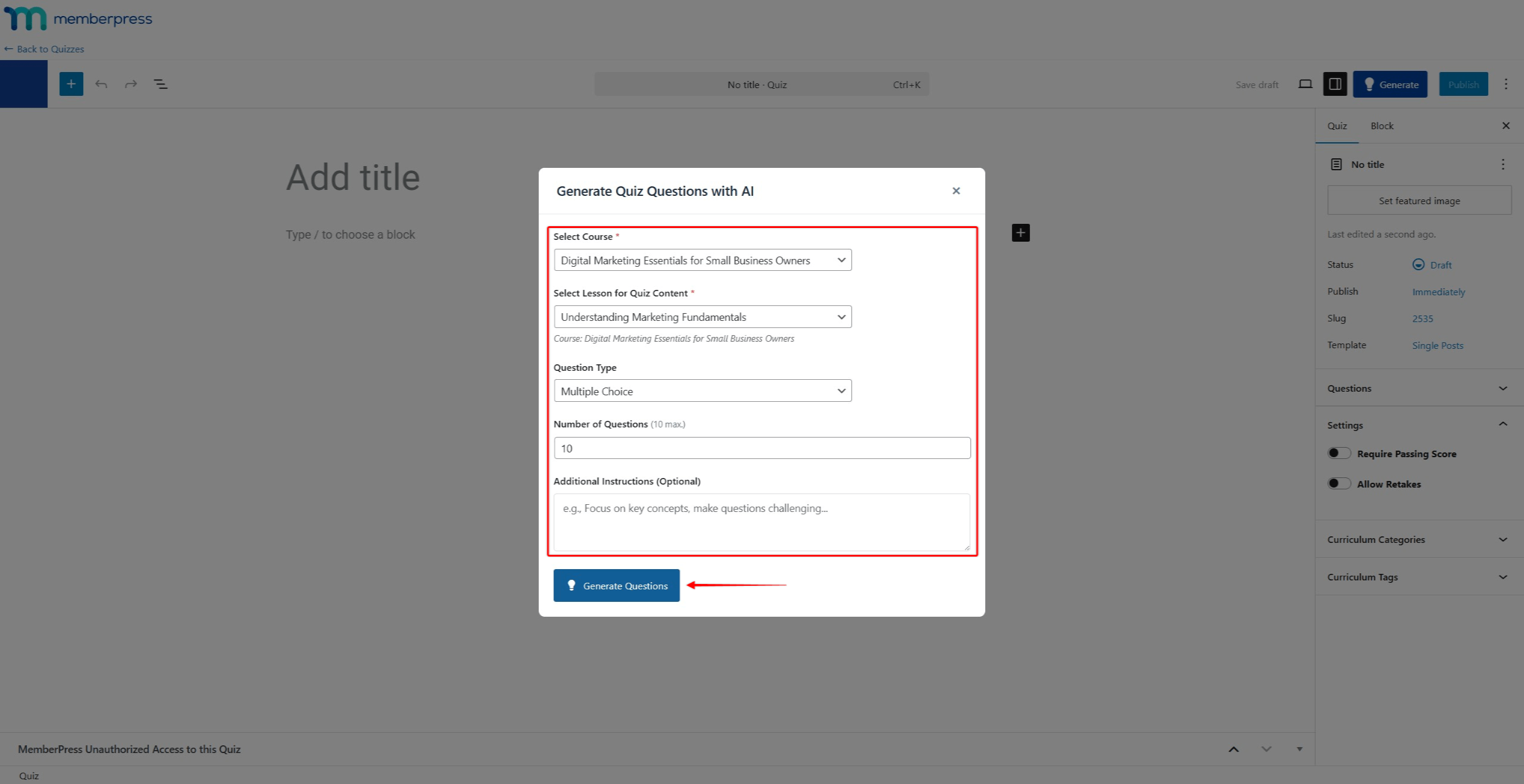 Screenshot of the AI Quiz Builder with options configured and the Generate Questions button.