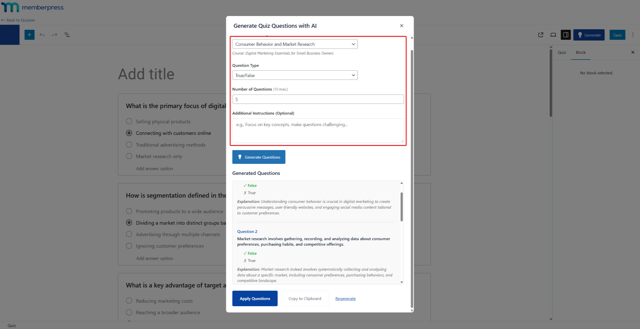 Screenshot of the AI Quiz Builder showing a second round of question generation with different settings than the first round.
