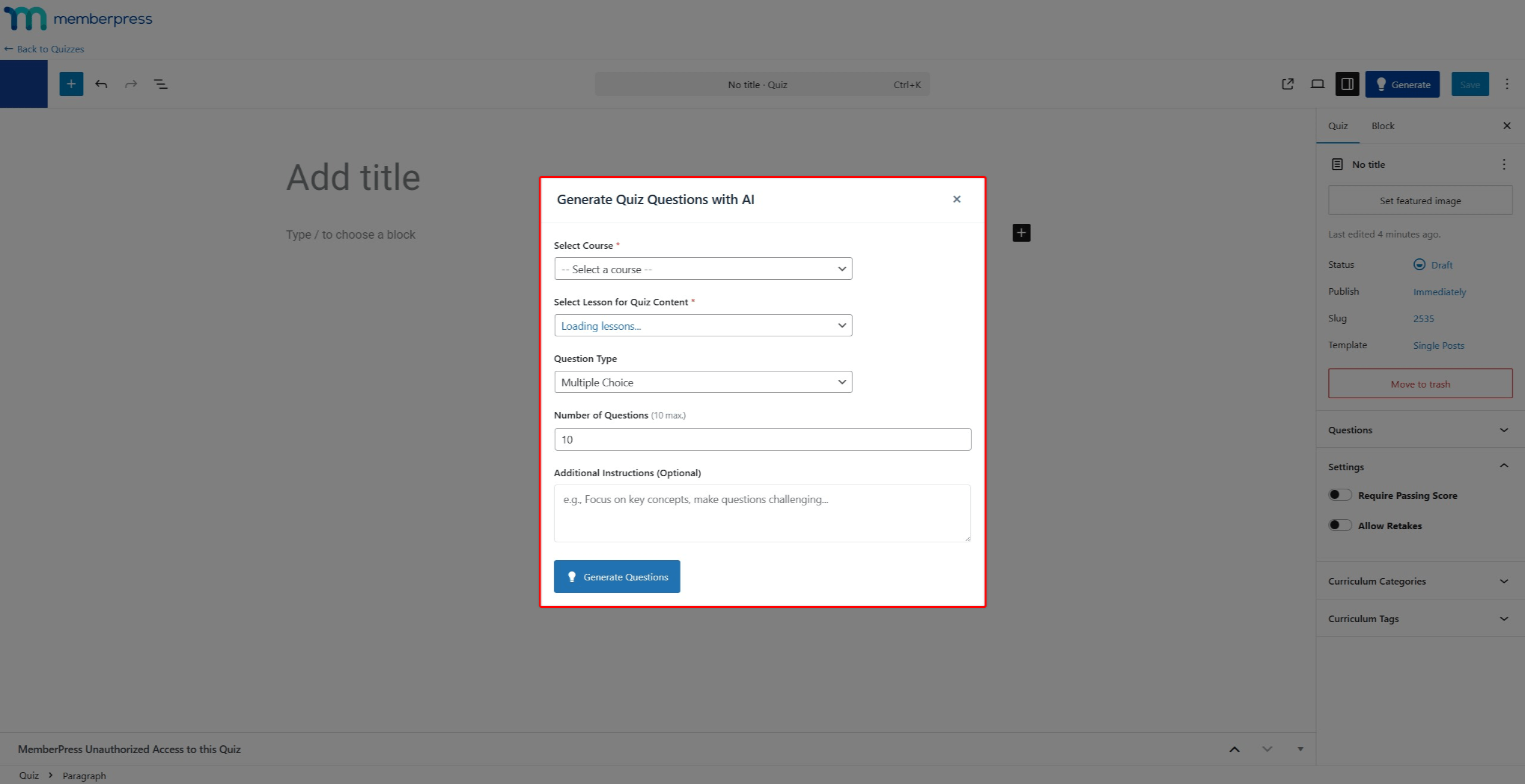 Screenshot of the AI Quiz Builder interface showing all configuration options including course dropdown, lesson dropdown, question type selector, and number of questions field.