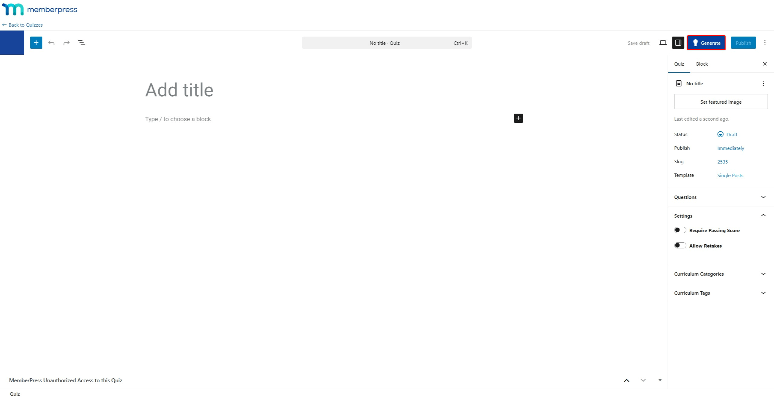 Screenshot of the Quiz Editor with the Generate button highlighted in the top-right corner.