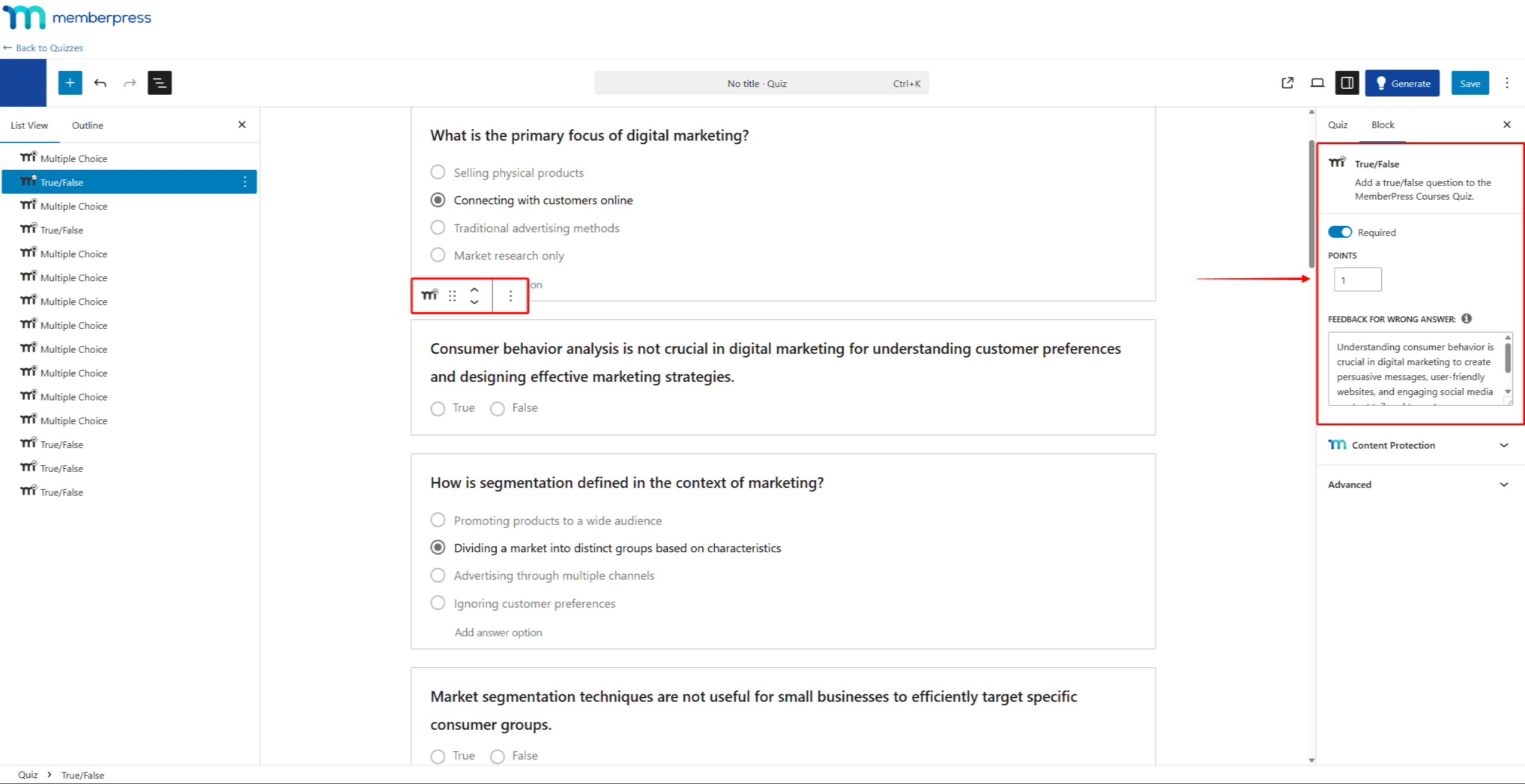 Screenshot of the quiz editor showing generated questions with editing options available for each question.