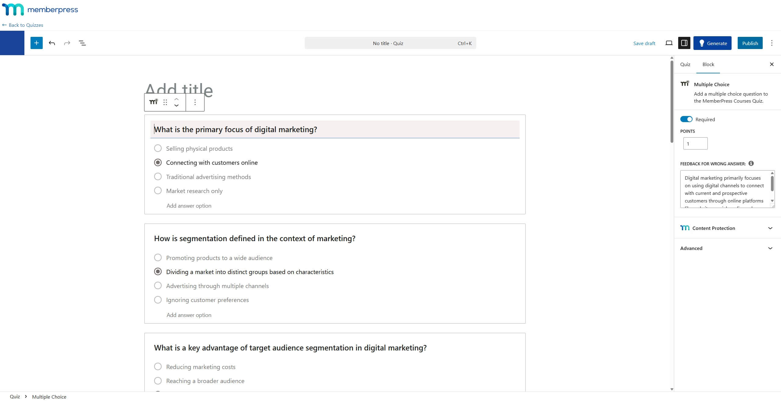 Screenshot of the Quiz Editor showing the generated questions applied to the quiz with answer options.