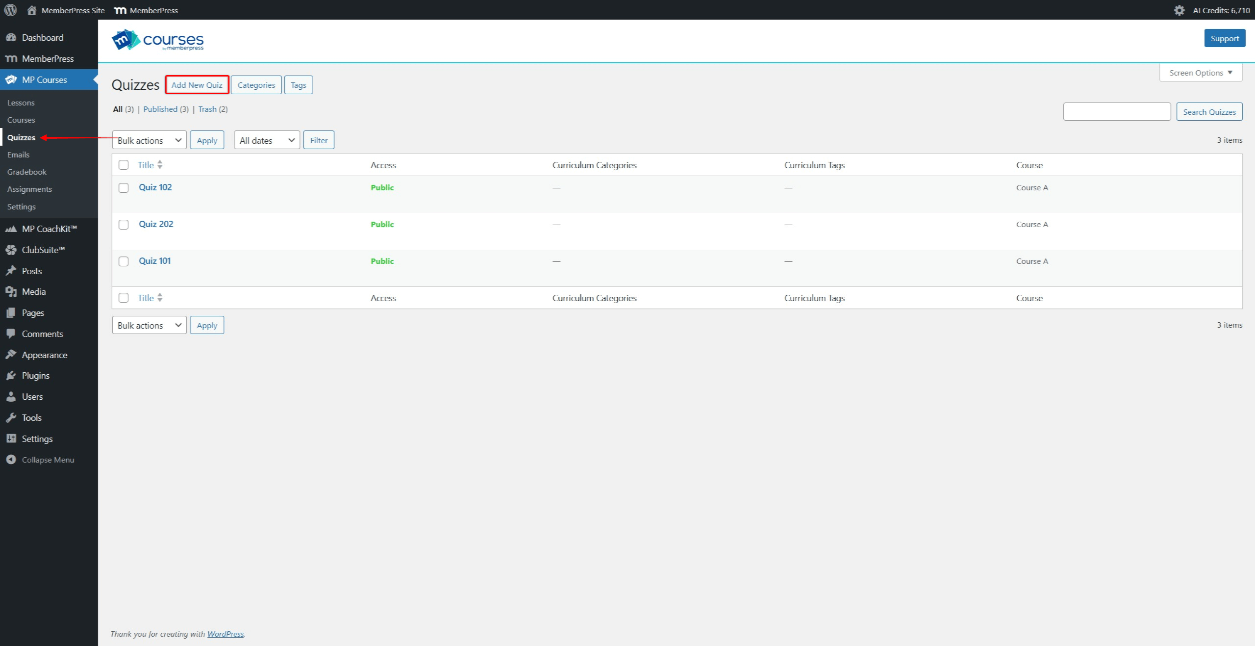 Screenshot of the MemberPress Quizzes page showing the MP Courses menu expanded with the Quizzes menu item and the Add New Quiz button.