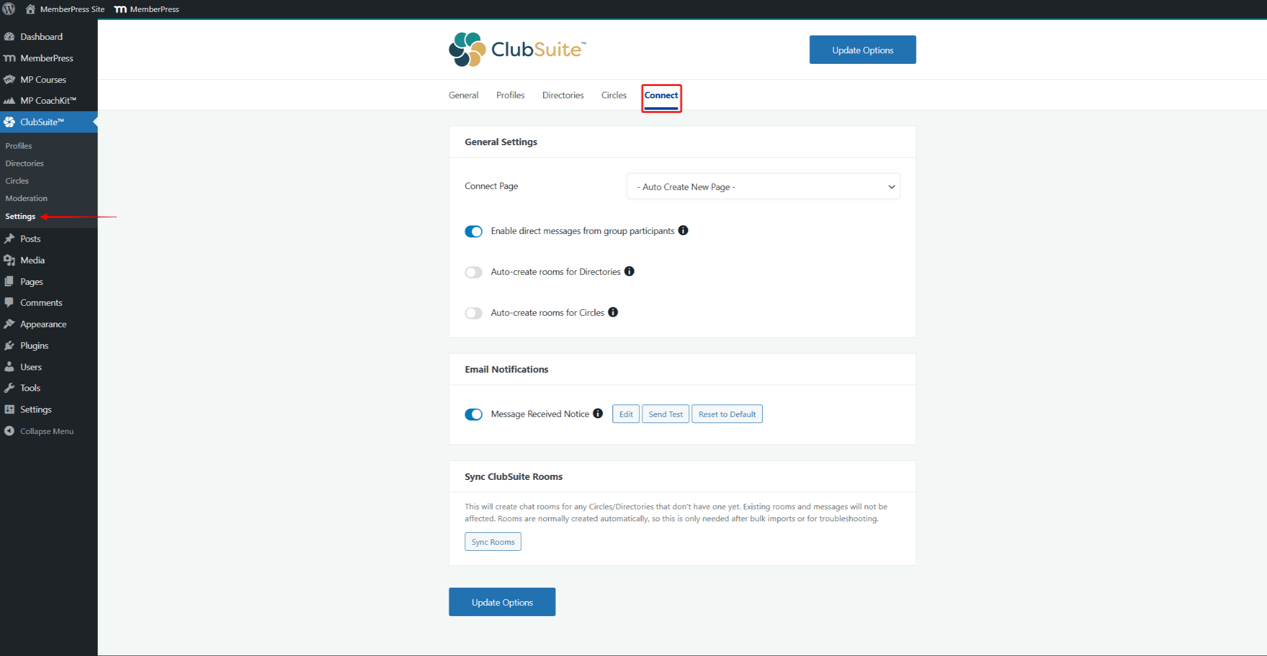ClubConnect settings page showing General Settings, Email Notifications, and Sync ClubSuite Rooms sections
