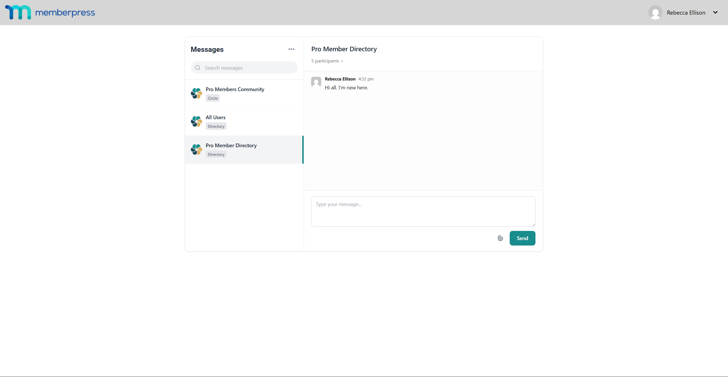 ClubConnect unified chat page showing conversation list with Circle and Directory labels