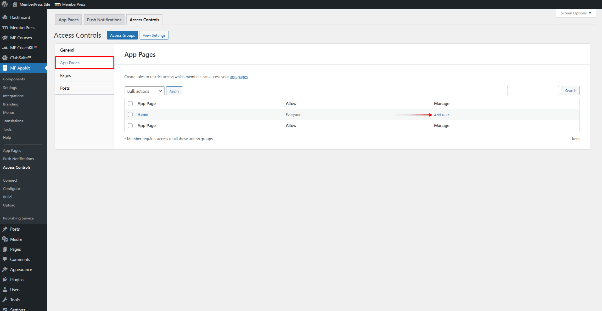 mpapp-access-controls-add-rule | MemberPress The Access Controls App Pages tab showing the list of pages with Add Rule option