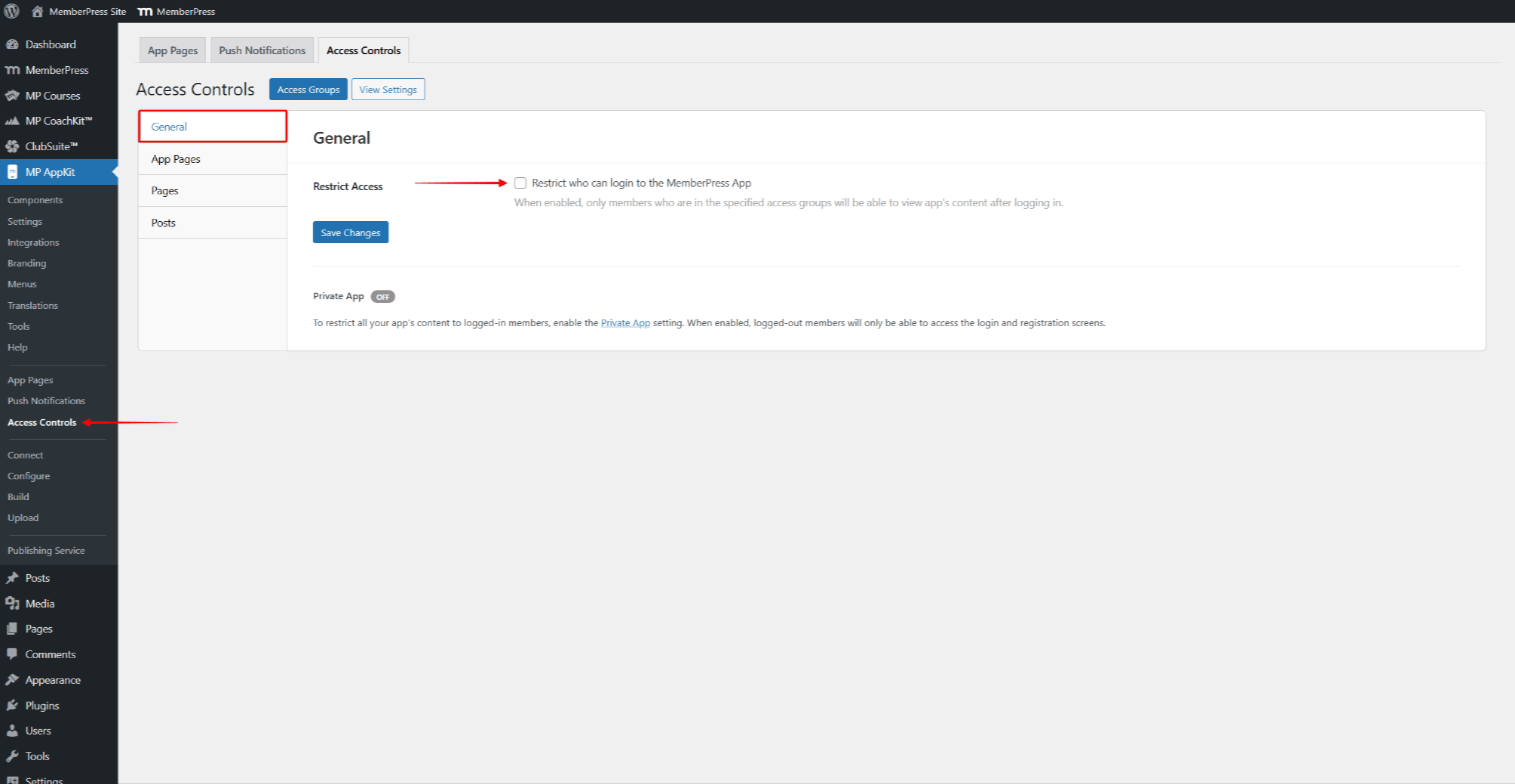 mpapp-access-controls | MemberPress The Access Controls page showing the General tab with Restrict Access and Private App options