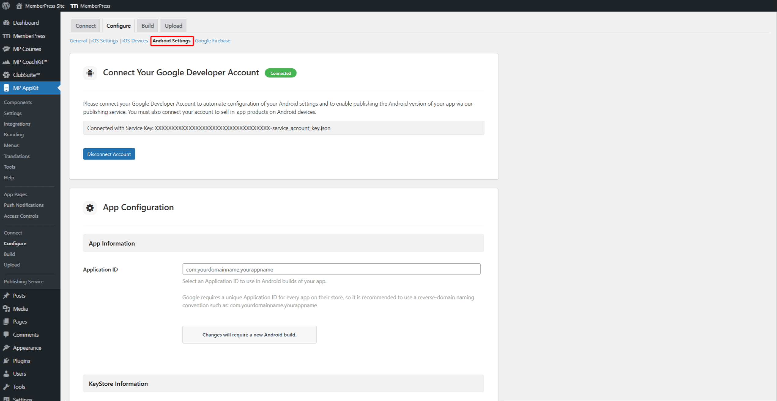 mpapp-android-settings | MemberPress The AppKit Android Settings page showing Application ID, KeyStore Information, and Android App Links sections