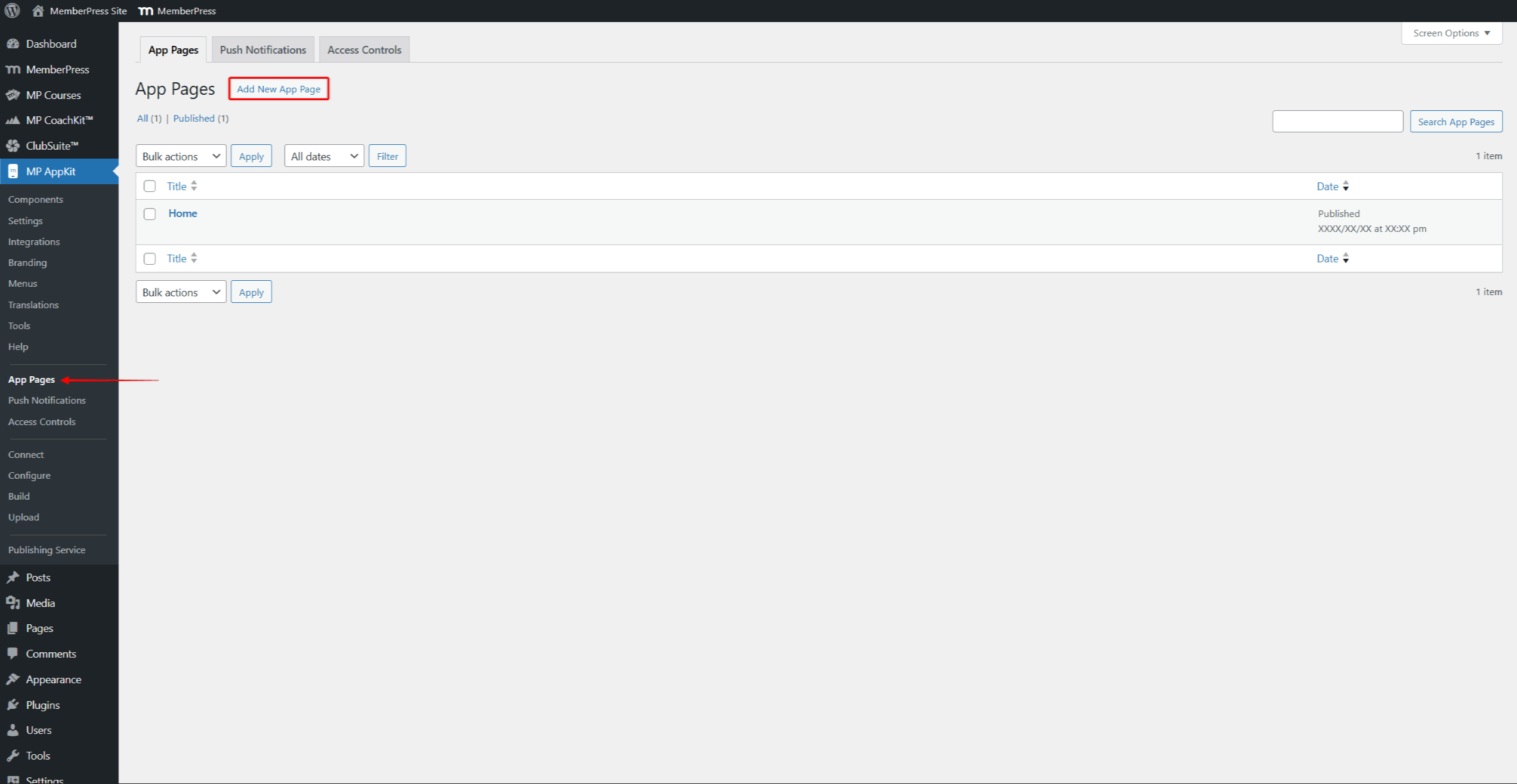 mpapp-app-pages | MemberPress The App Pages screen showing existing pages and the Add New App Page button