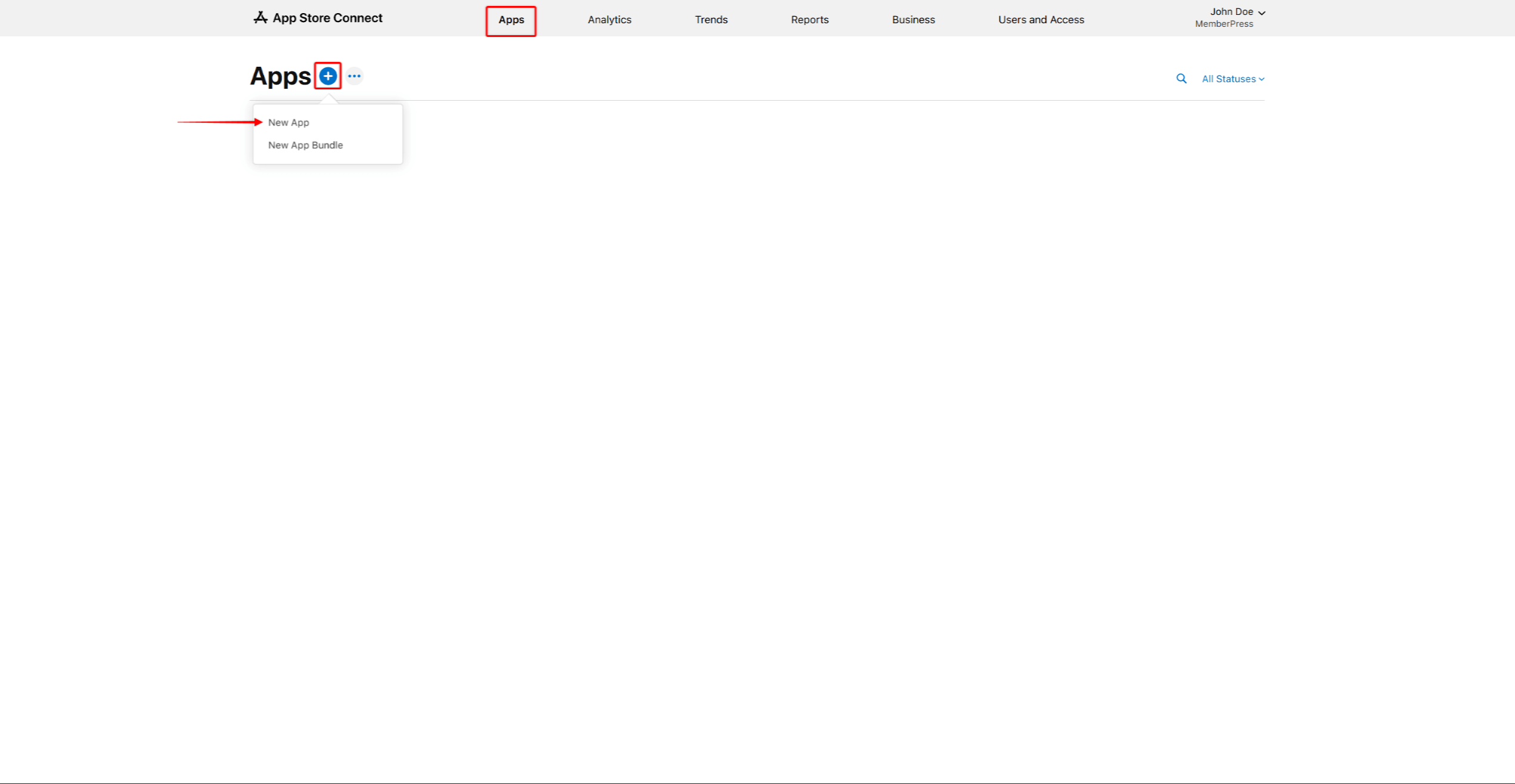 mpapp-app-store-connect-new-app | MemberPress App Store Connect interface showing the New App button and required fields for creating an app listing