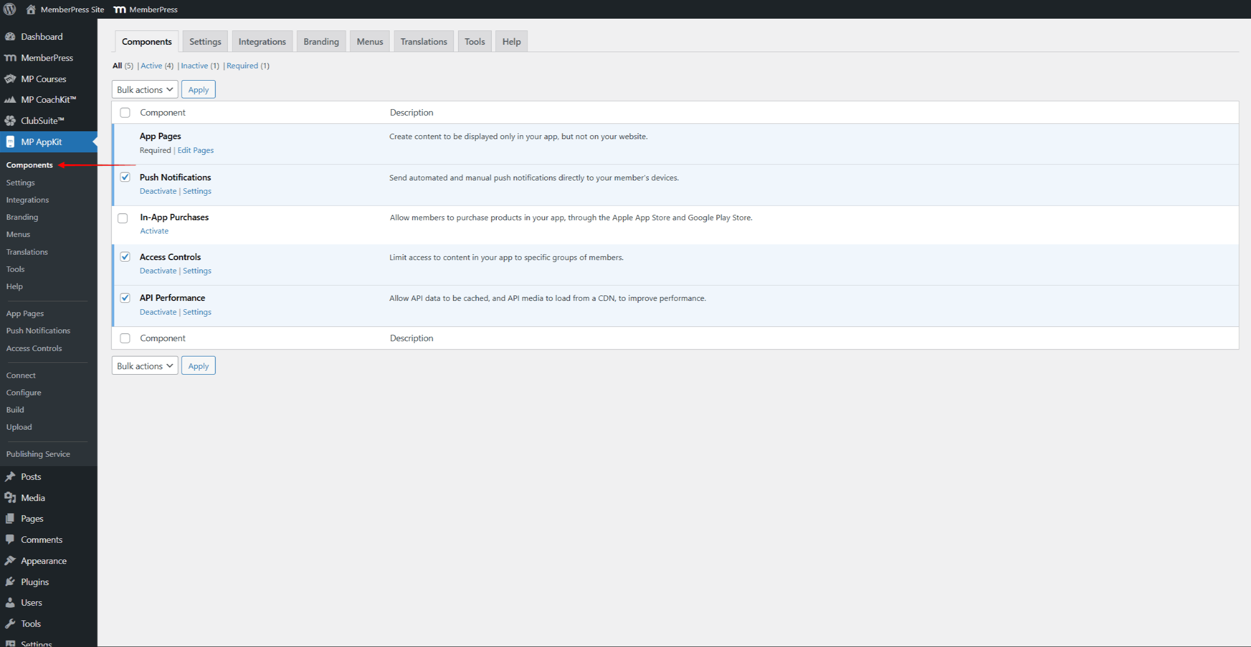mpapp-components | MemberPress The AppKit Components page showing toggle switches for Push Notifications, In-App Purchases, Access Controls, and API Performance