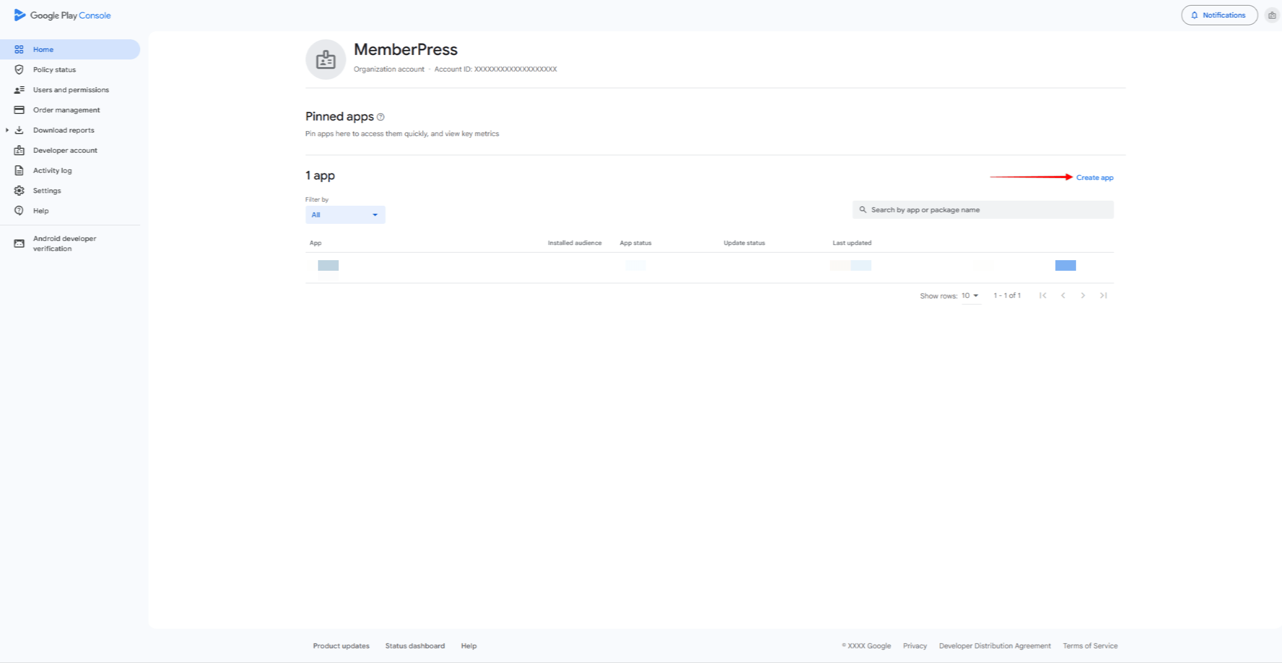 mpapp-google-play-create-app | MemberPress Google Play Console showing the Create App button and the app creation form with required fields