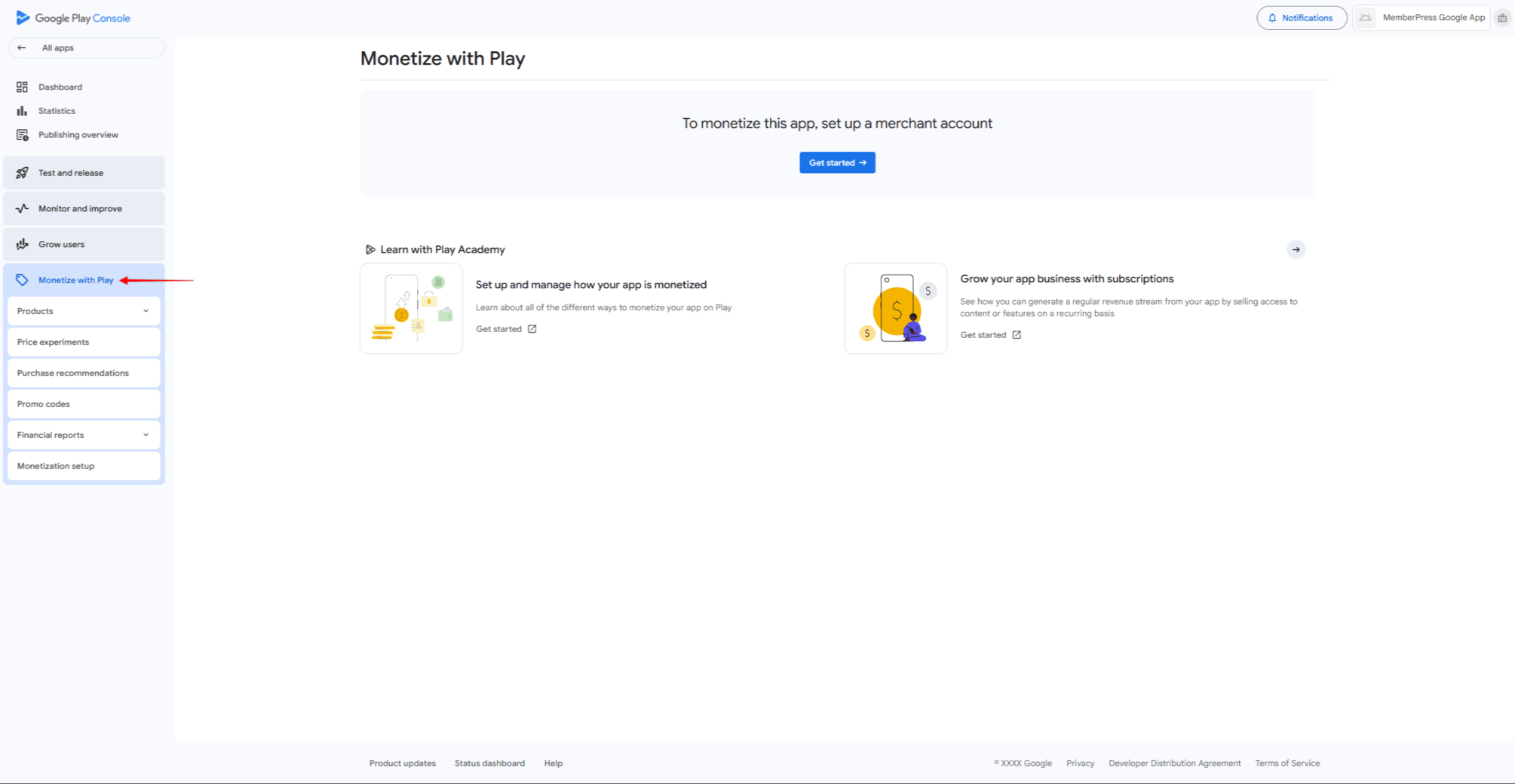 mpapp-google-play-monetize | MemberPress The Google Play Console Monetize with Play page showing the merchant account setup banner