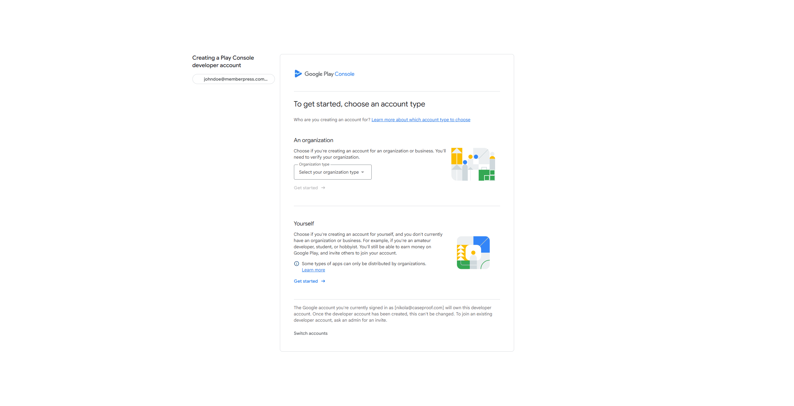 mpapp-google-play-signup | MemberPress The Google Play Console signup page showing the registration form