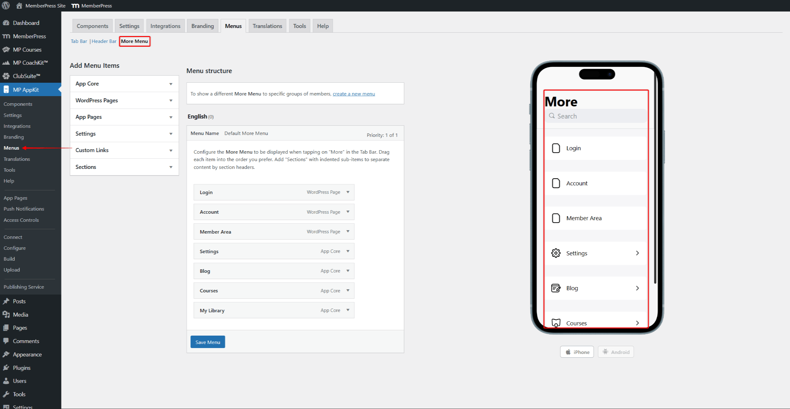 mpapp-menus-more-menu | MemberPress The Menus settings page showing More Menu configuration with menu items and app preview