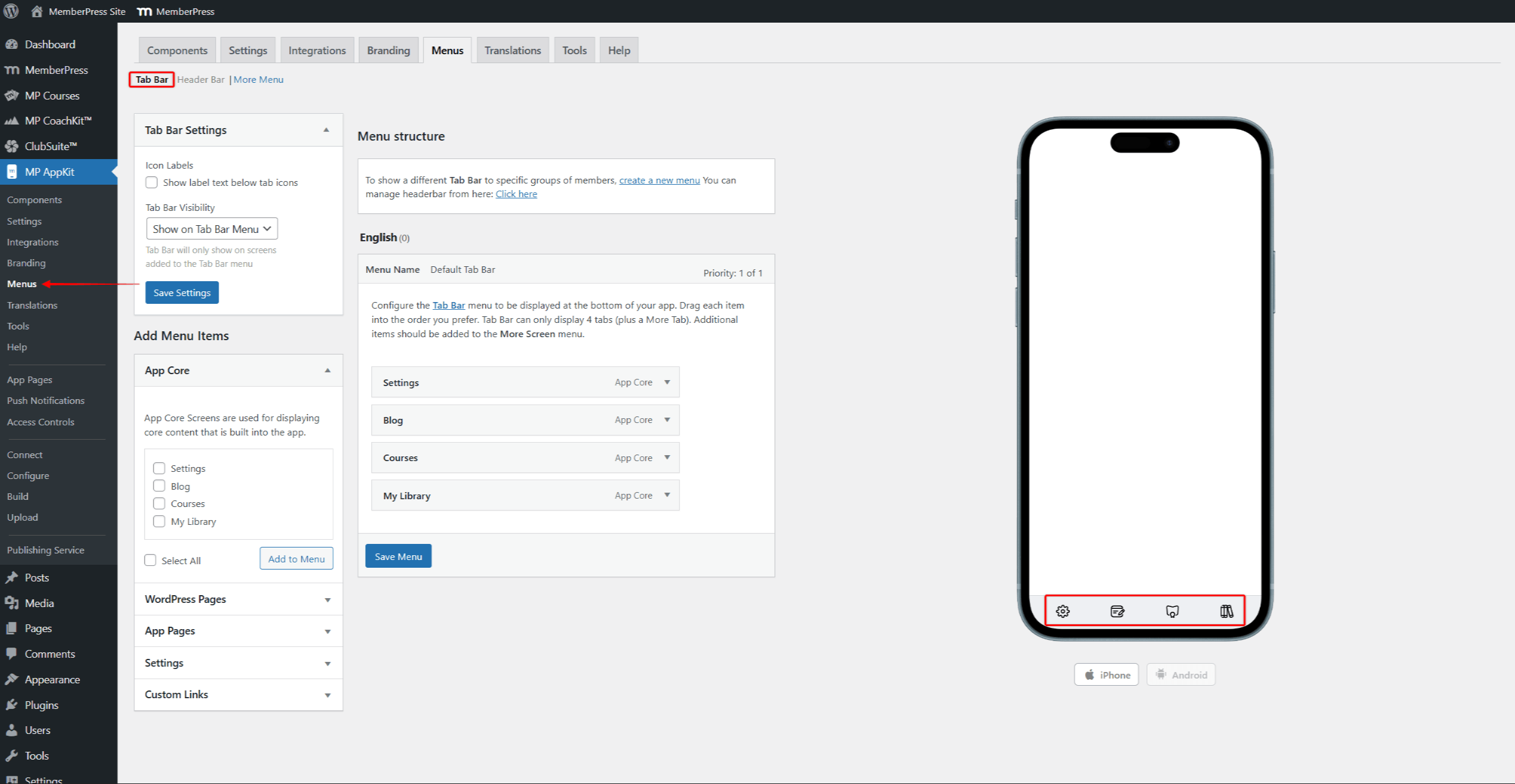 mpapp-menus-tab-bar | MemberPress The Menus settings page showing Tab Bar configuration with Add Menu Items panel