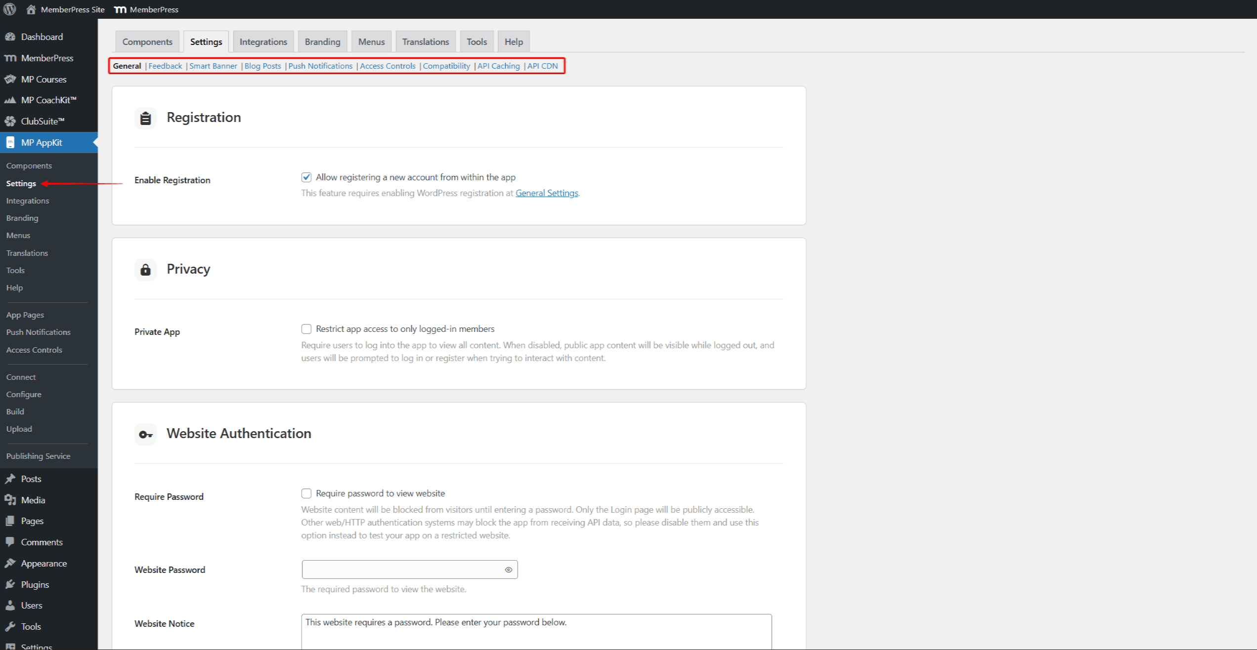 mpapp-settings-general | MemberPress The AppKit Settings page showing the General sub-option with Registration, Privacy, and Website Authentication sections