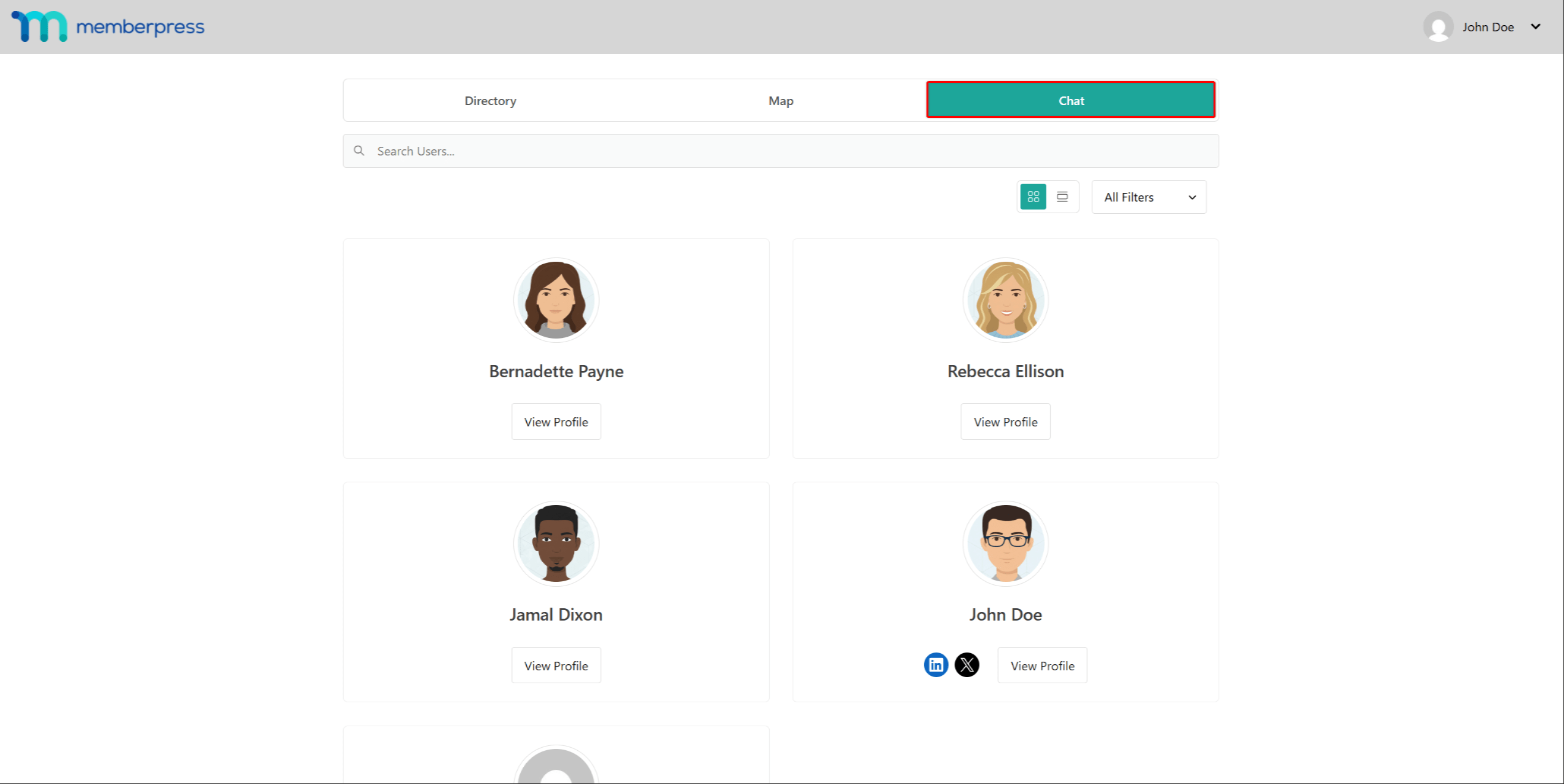 Member profile page in a MemberPress directory showing the Chat button for starting a direct message