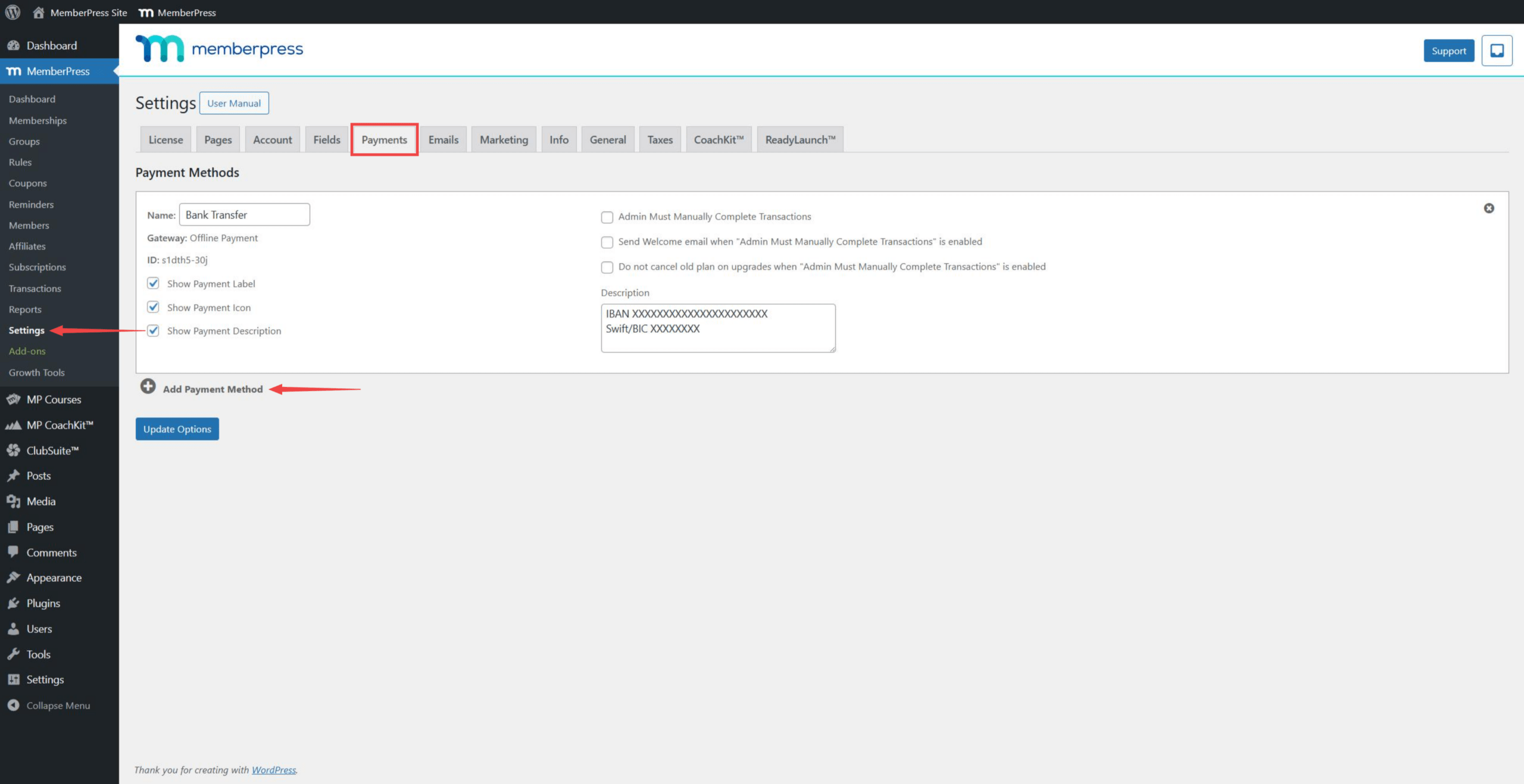 MemberPress Payments tab showing the Add Payment Method button