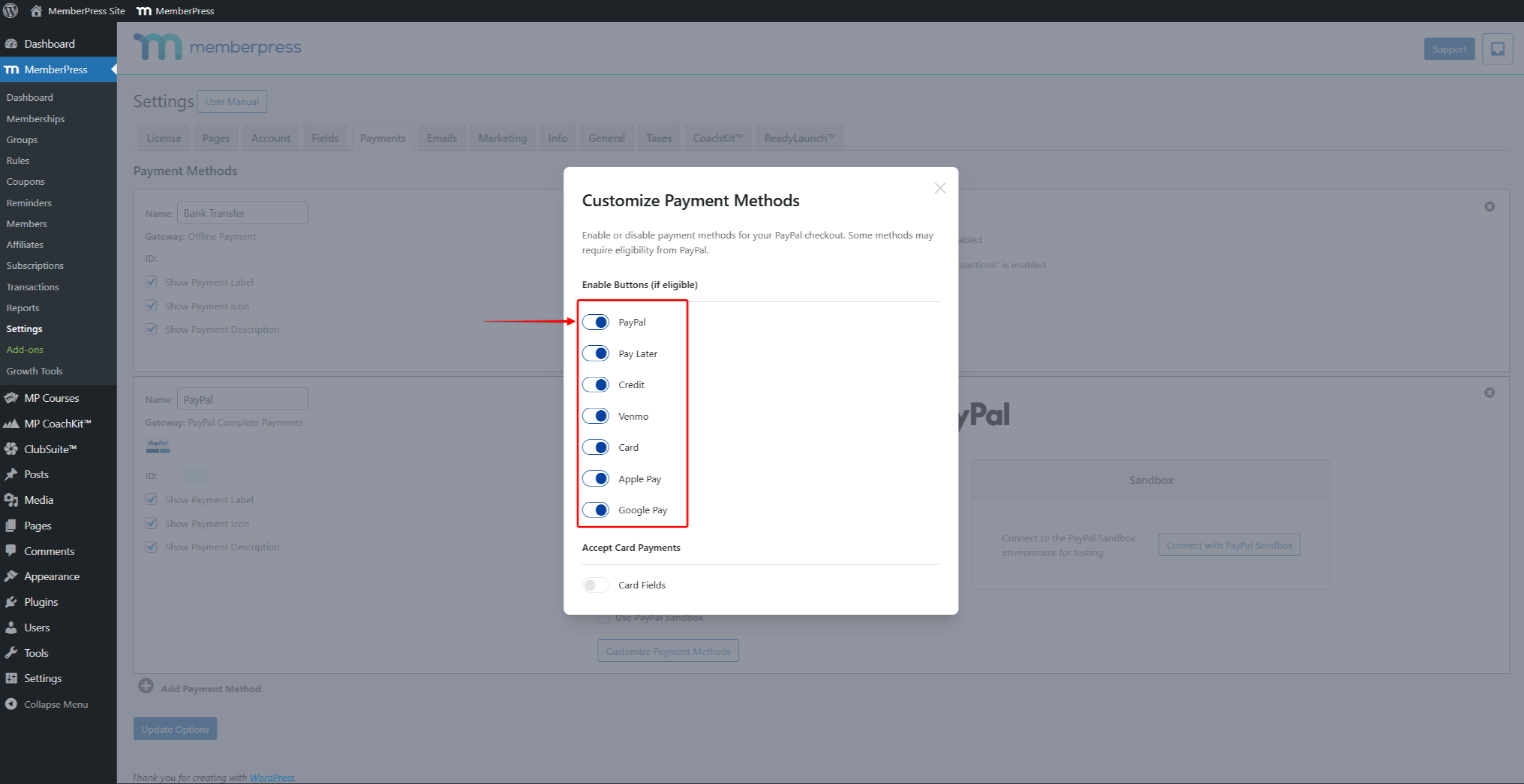 Customize Payment Methods pop-up showing payment button toggles