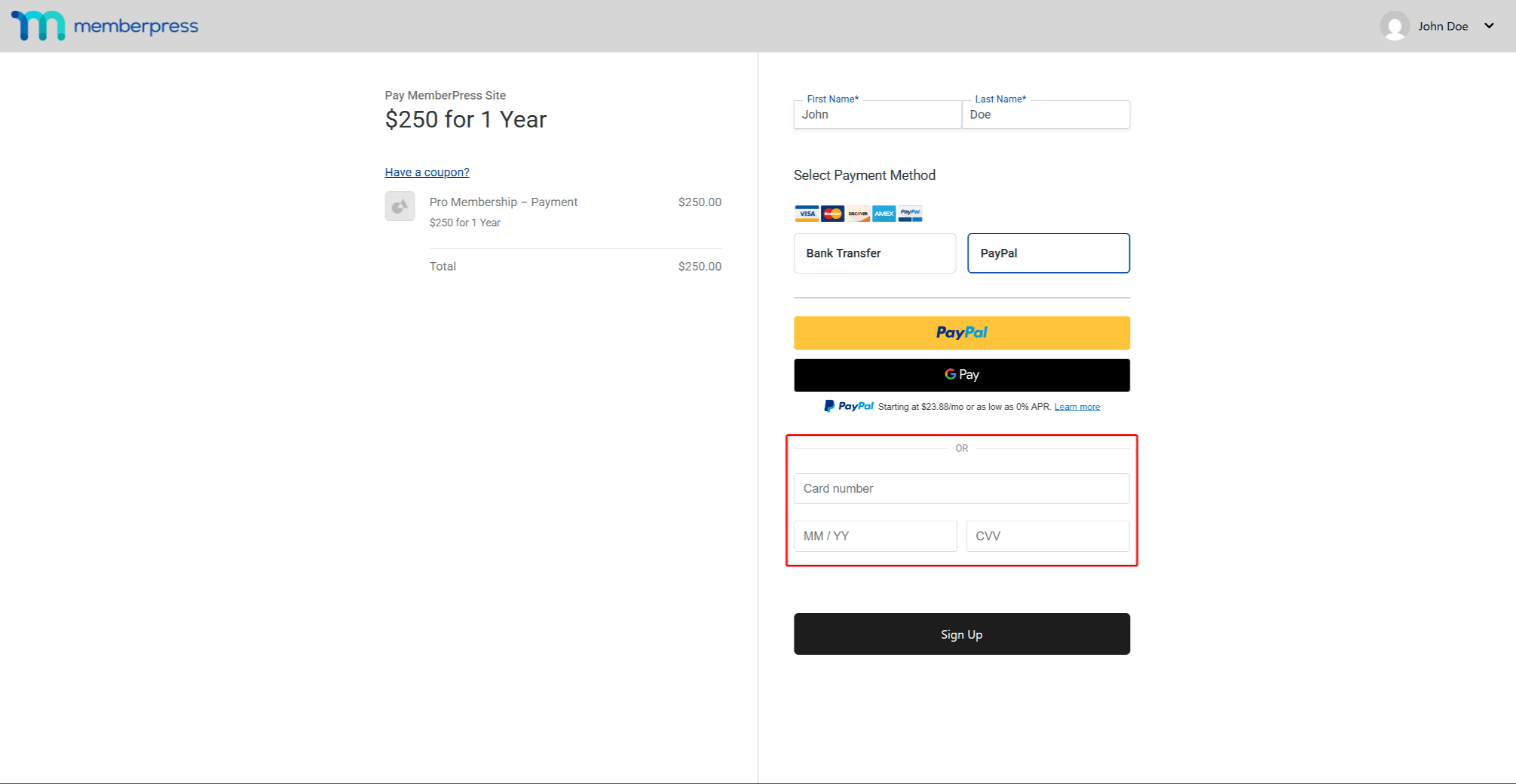 Registration page showing card fields with Card number, expiration, and CVV