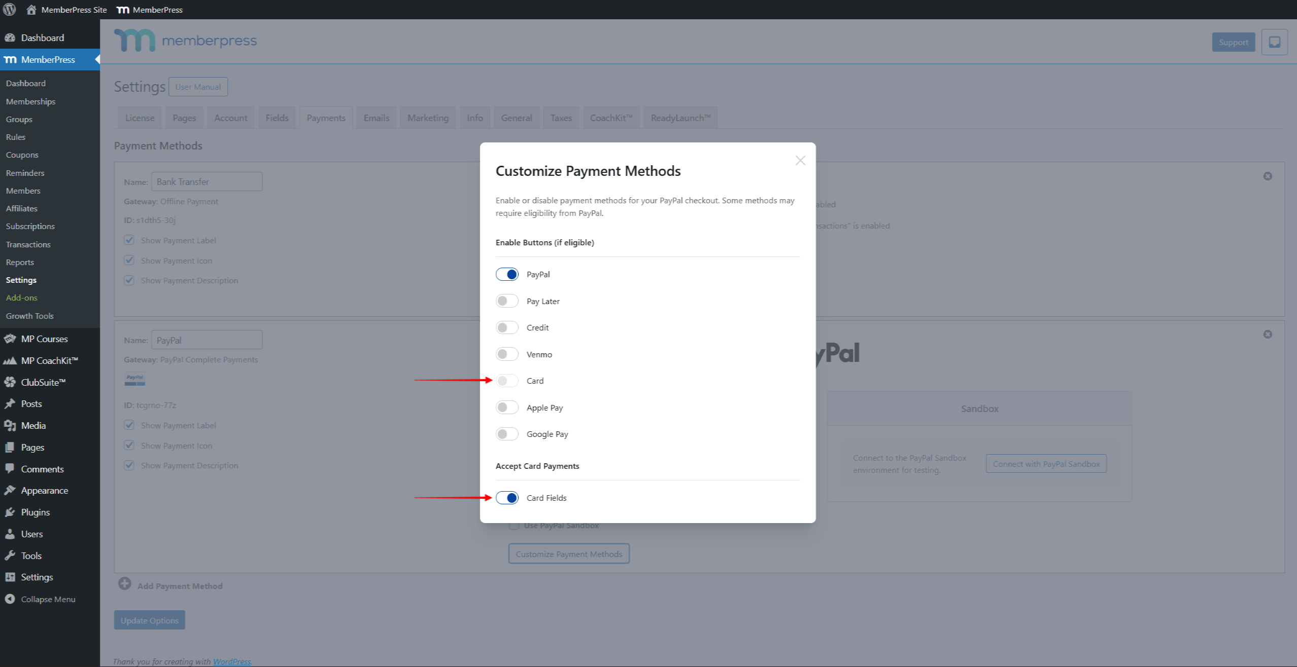 Customize Payment Methods pop-up showing Card and Card Fields options