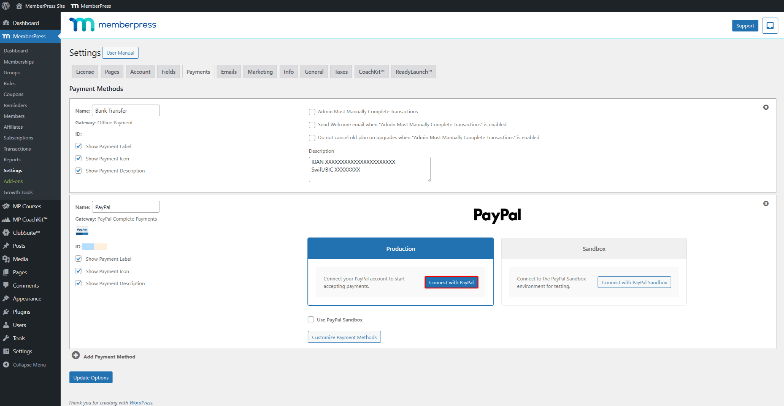 PayPal Complete Payments gateway Production section with Connect with PayPal button