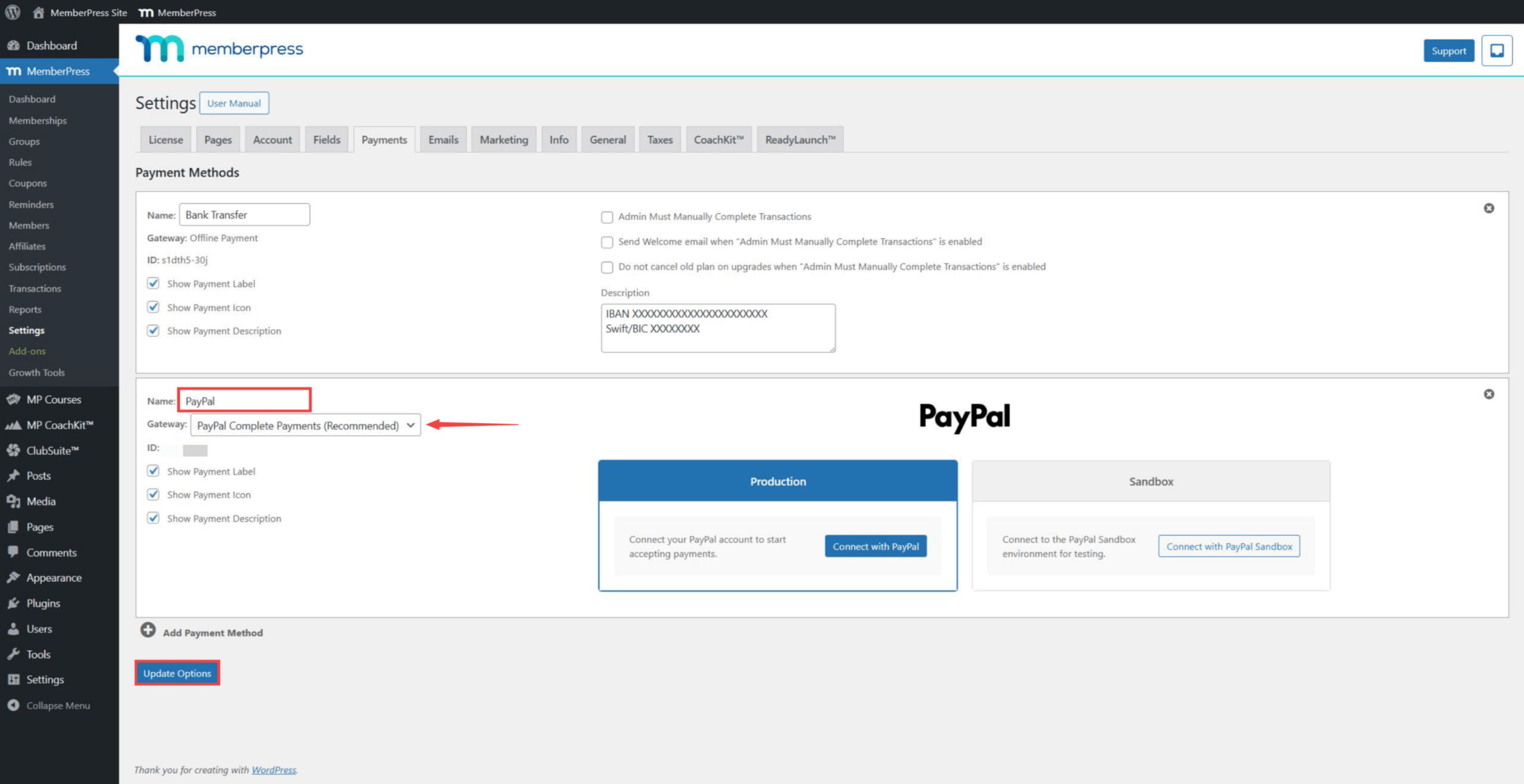 PayPal Complete Payments gateway configuration with Name and Gateway fields