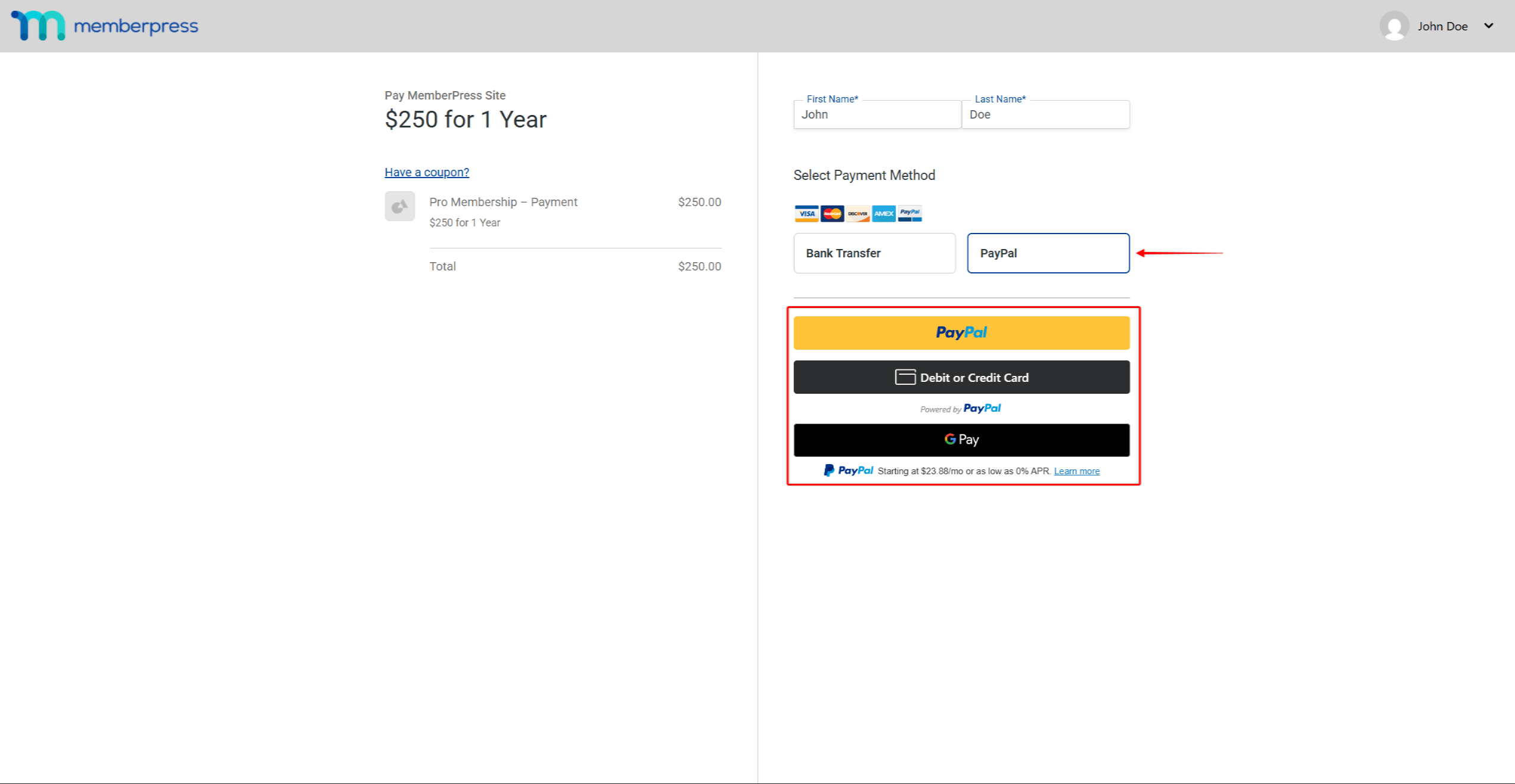 Membership registration page with PayPal payment buttons