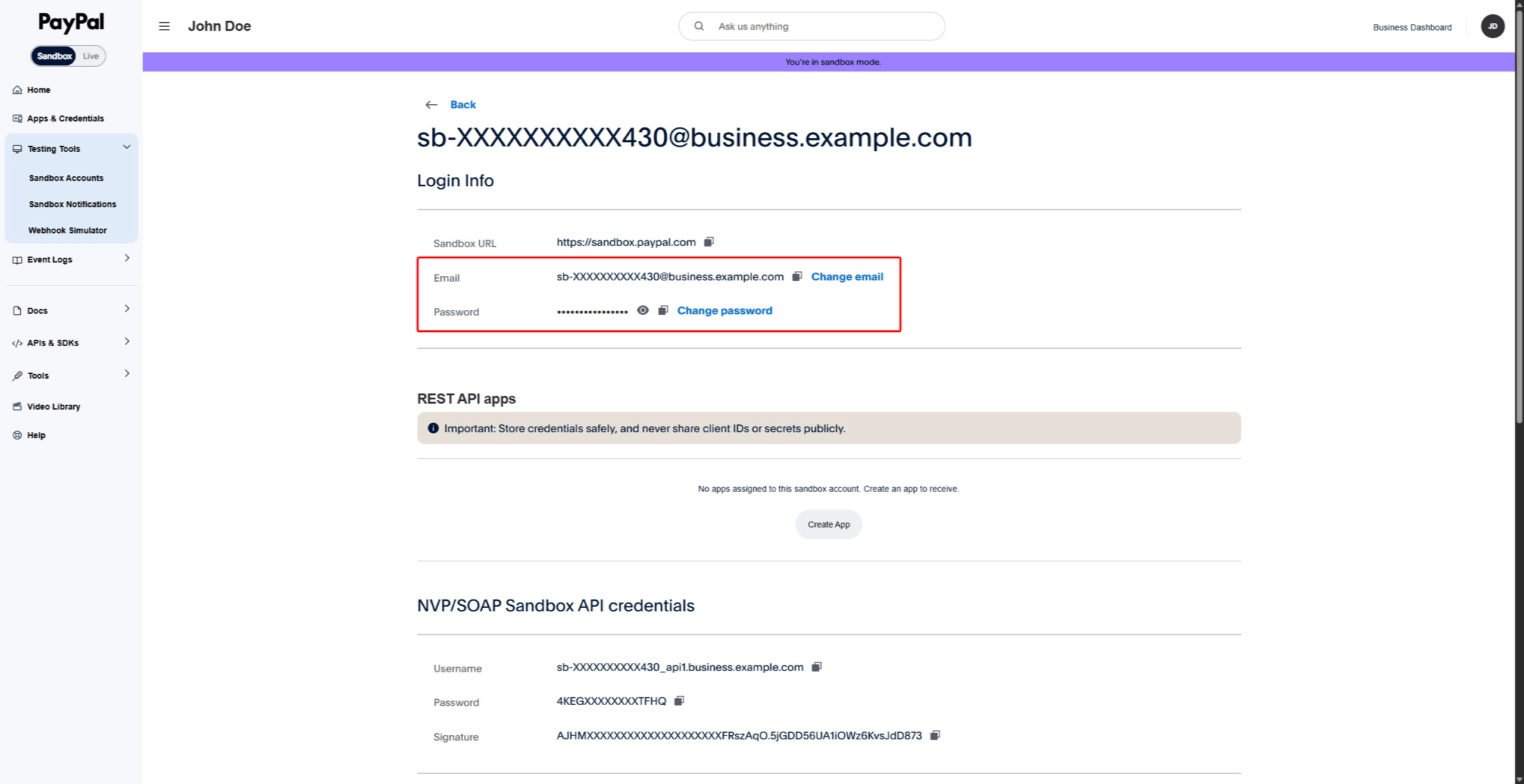 Sandbox account details showing email and password credentials