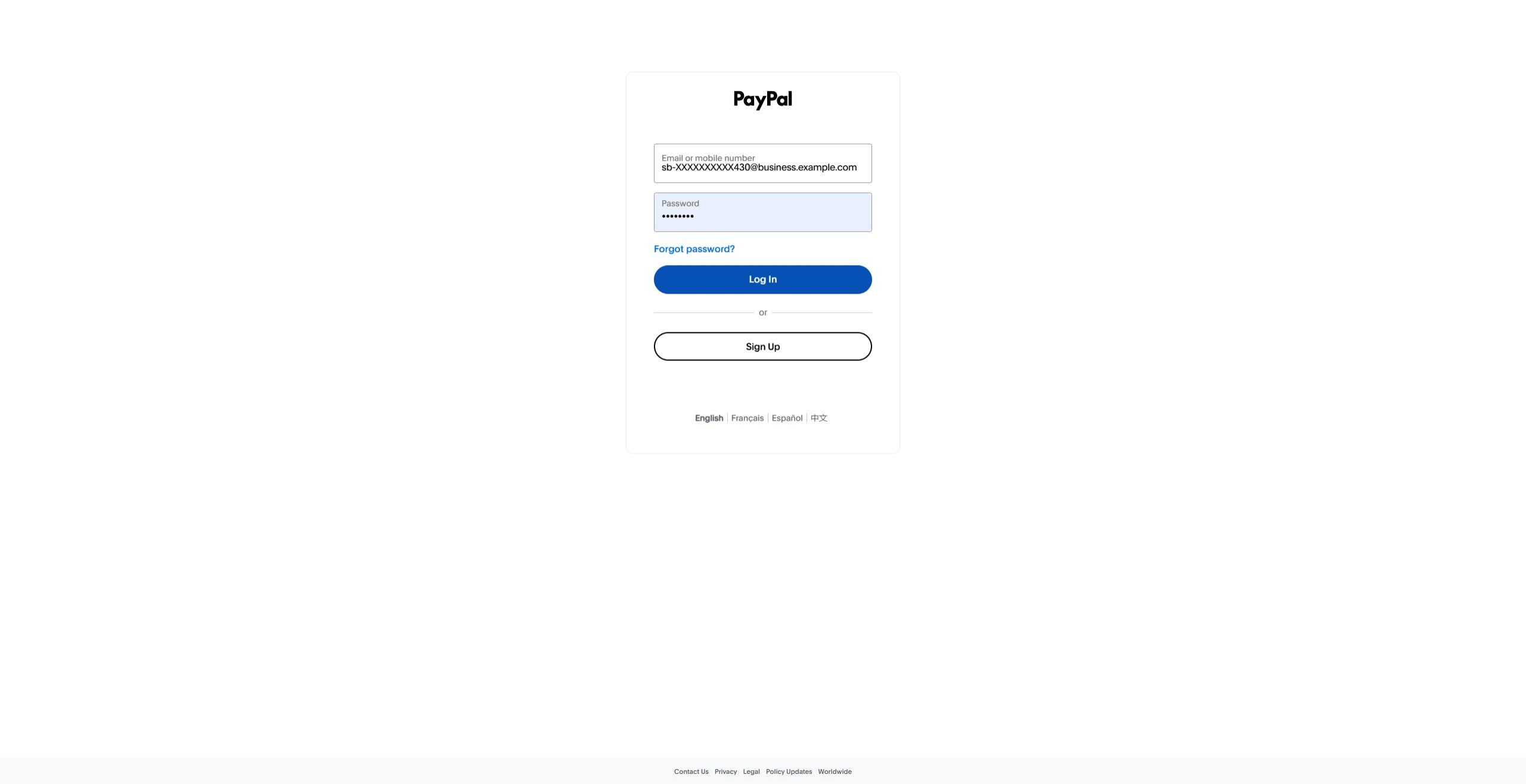 PayPal sandbox login page with email and password fields
